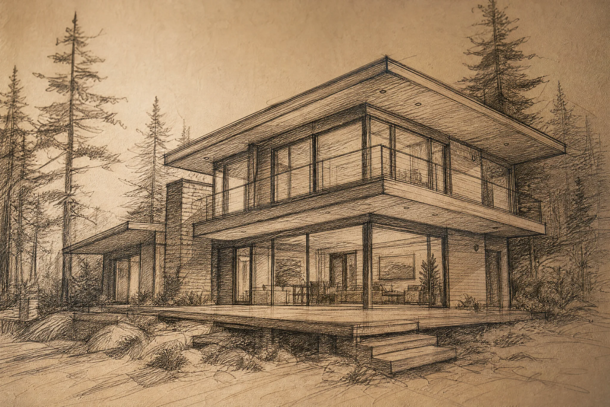 Graphite sketch of a flat-roofed two-storey house with tall windows and a wooden deck in a pine forest