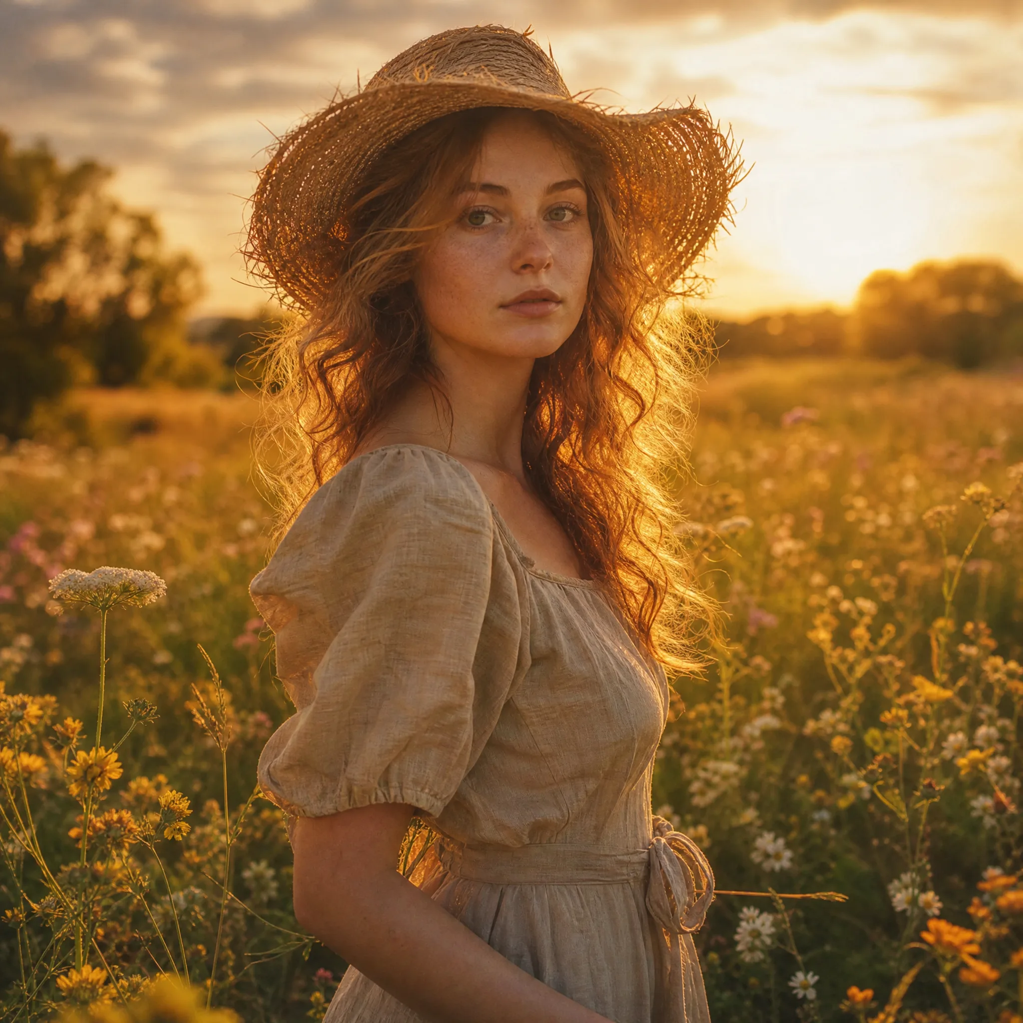 Woman in a wide straw hat and linen dress among wildflowers, lit by golden backlight in a painterly style