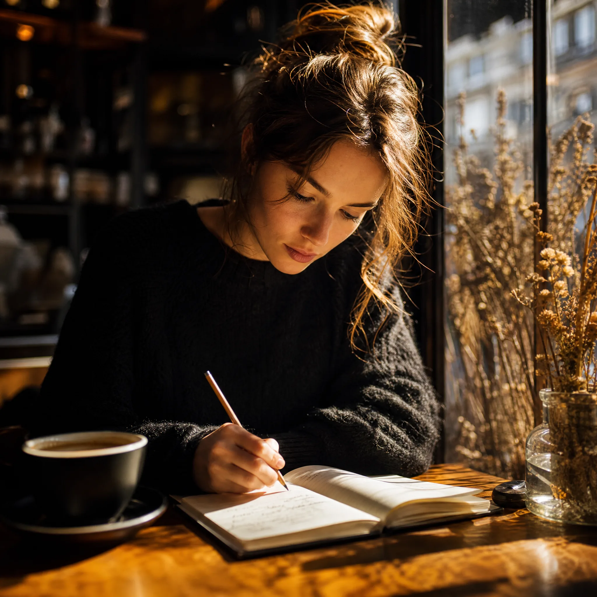 Woman jotting ideas in a notebook with a pencil at a sunny café window beside her coffee