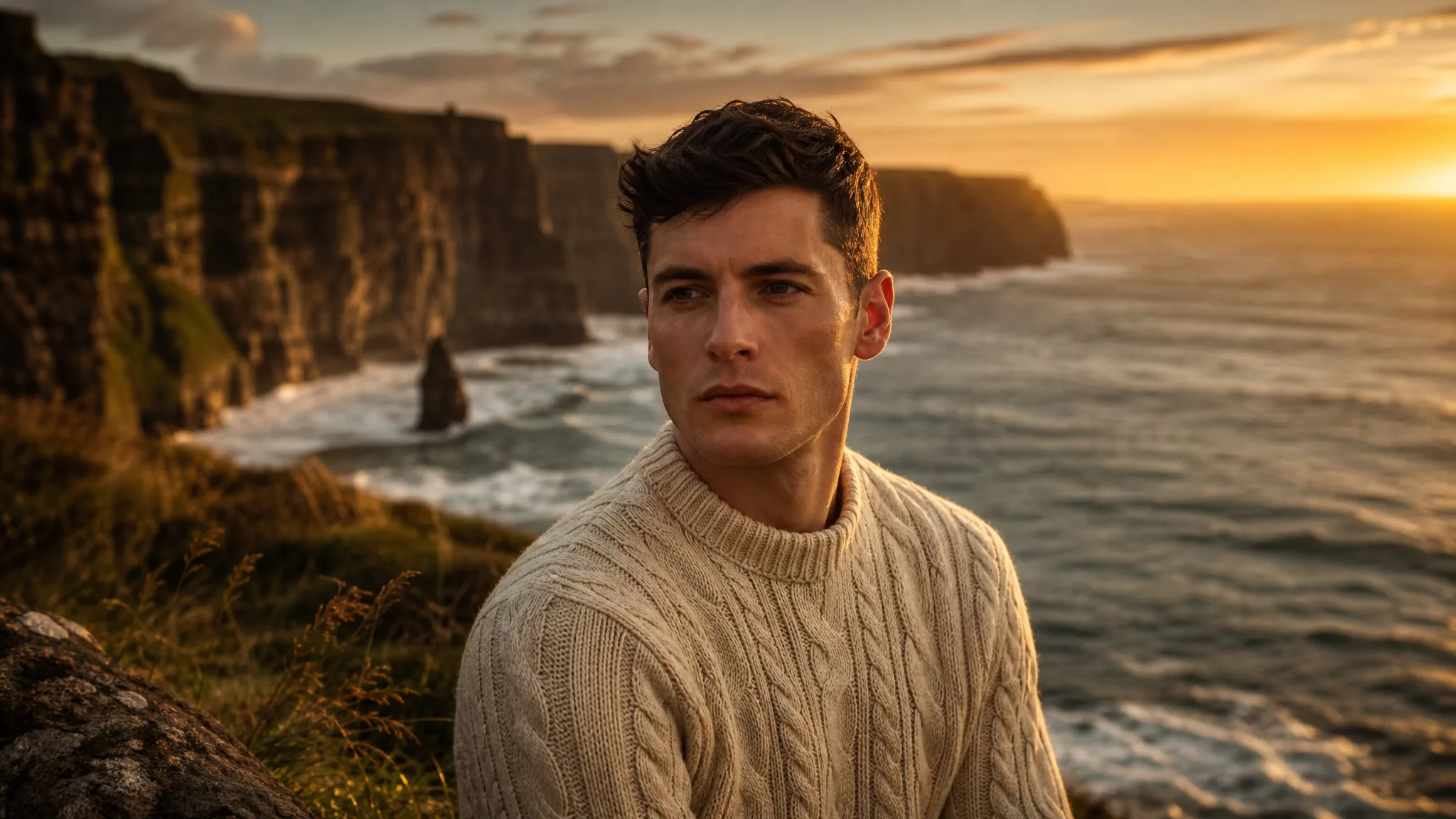Man in a cream cable-knit sweater reimagined in front of grassy sea cliffs and golden-hour waves