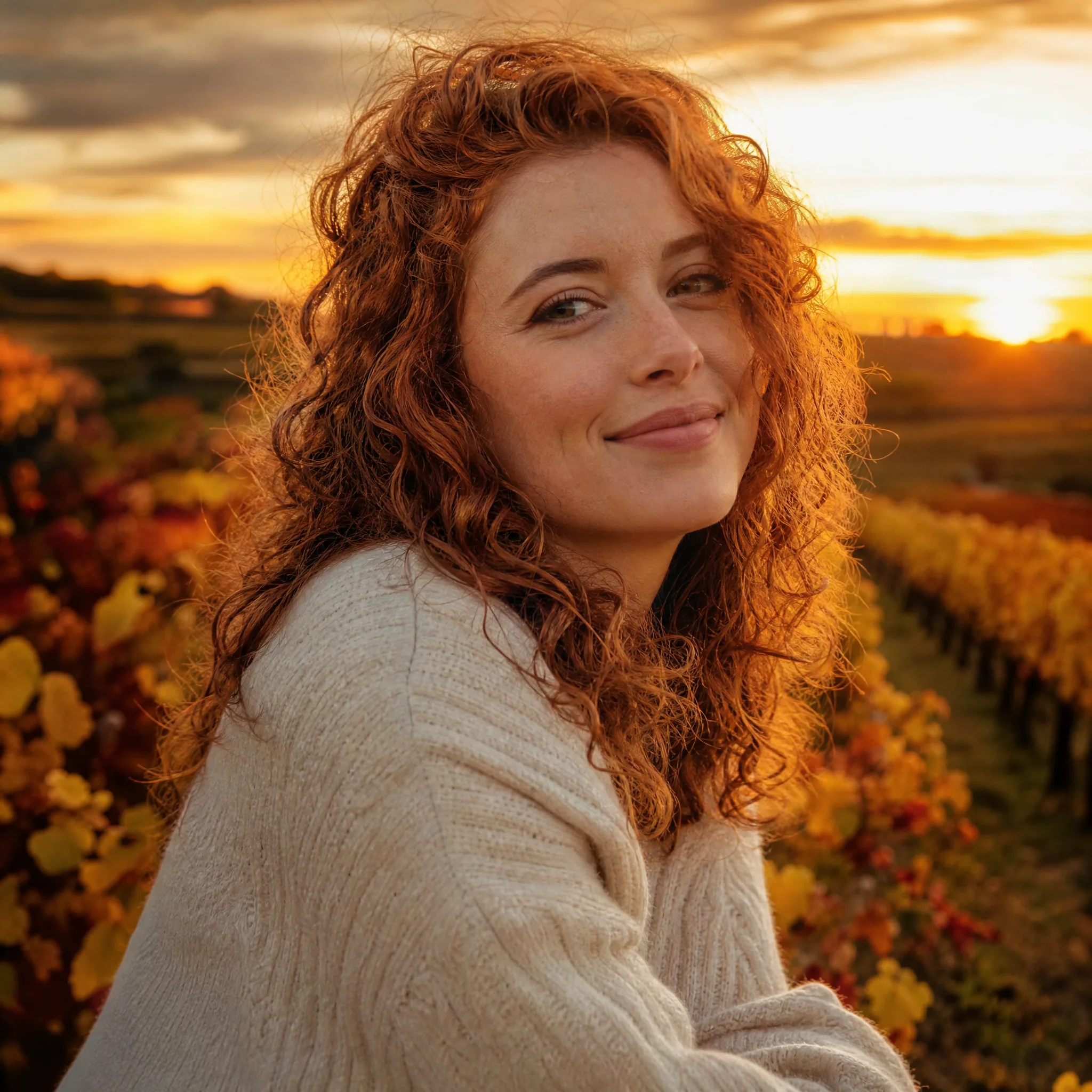 Smiling woman with curly auburn hair and a cream knit sweater set against autumn vineyard rows at sunset