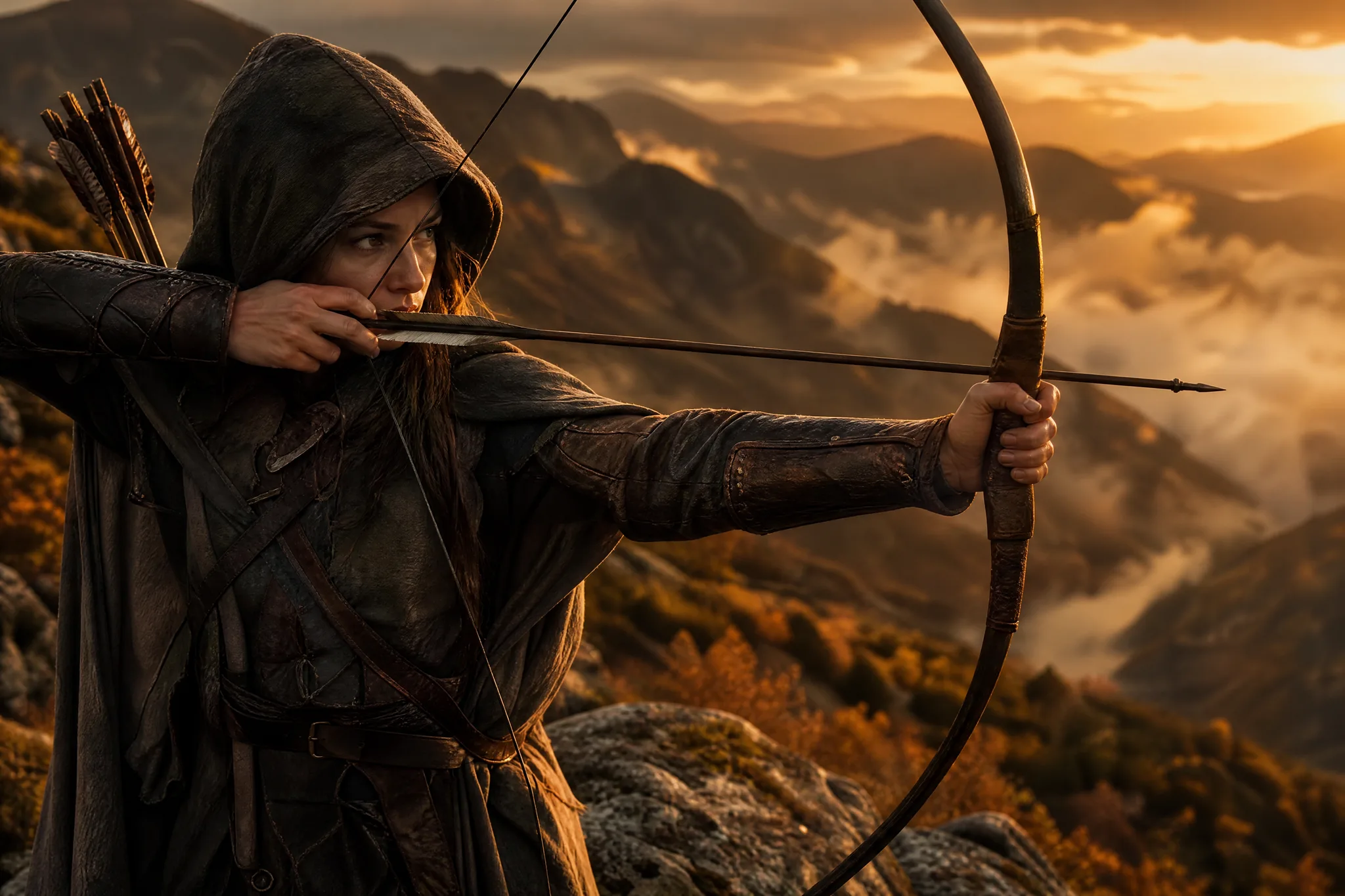 Image to Image: Sketched Archer Pose Finished as a Scene Hooded archer in a leather cloak drawing a longbow on a misty ridge at sunset, a sketched pose made into a full scene