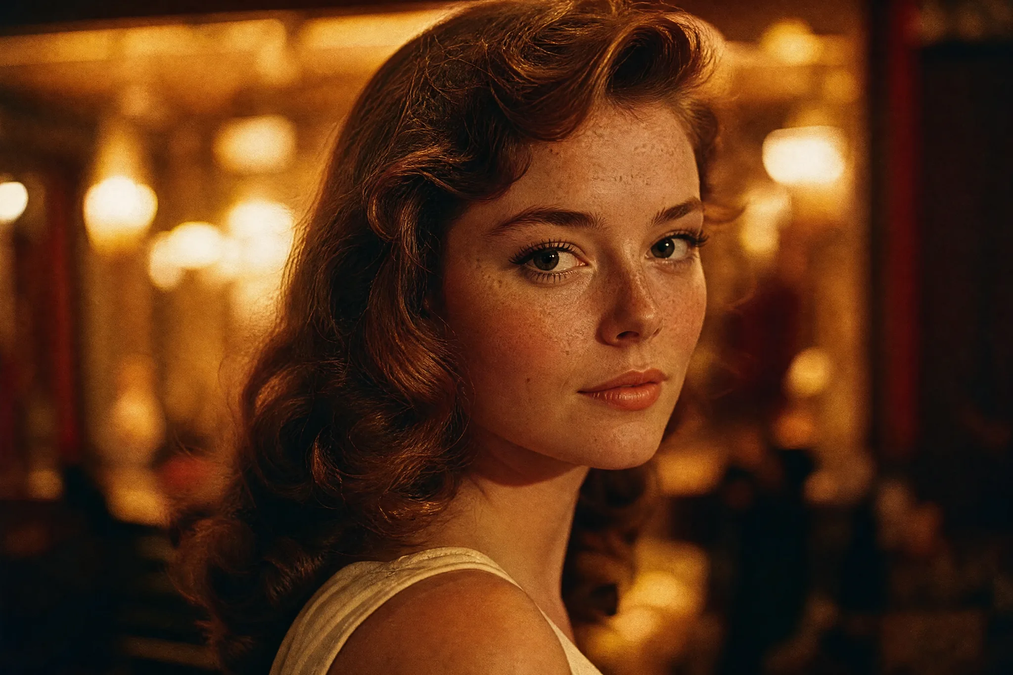 Image to Image: Portrait in a 1960s Film Look Freckled woman with wavy chestnut hair shown in golden 1960s film colours with soft grain and a blurred theatre lobby