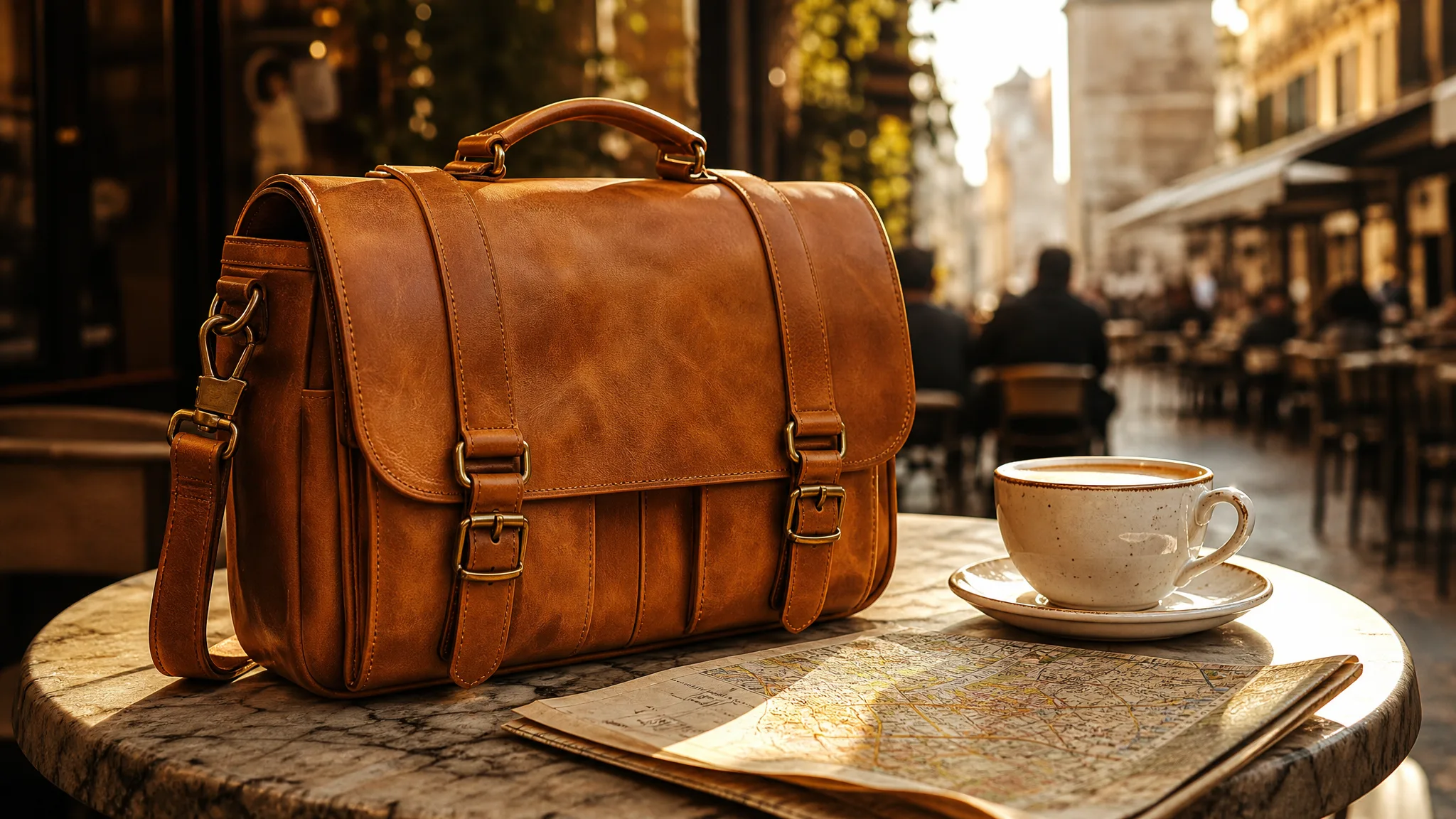 Image to Image: Camera Bag in a Café Scene Tan leather camera bag with brass buckles on a sunny marble café table next to a cappuccino and a folded map