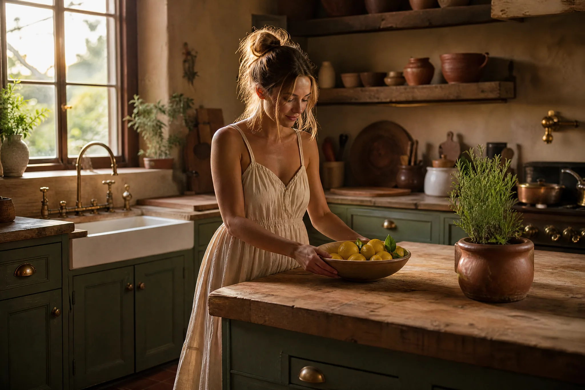 Farmhouse kitchen redone with sage-green cupboards, brass taps and terracotta tiles as a woman places a bowl of lemons