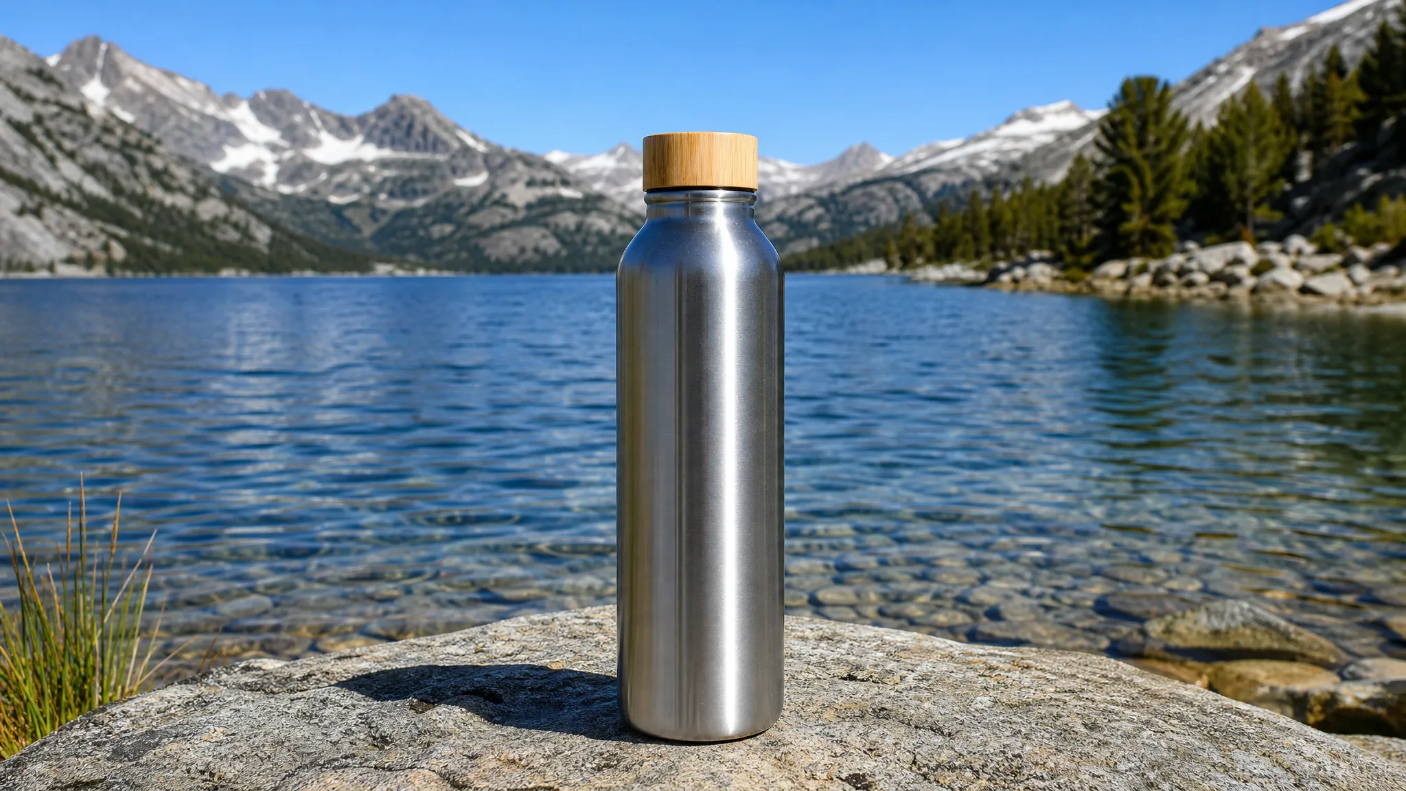 Stainless steel water bottle with a bamboo cap on granite by a deep blue alpine lake under snowy peaks