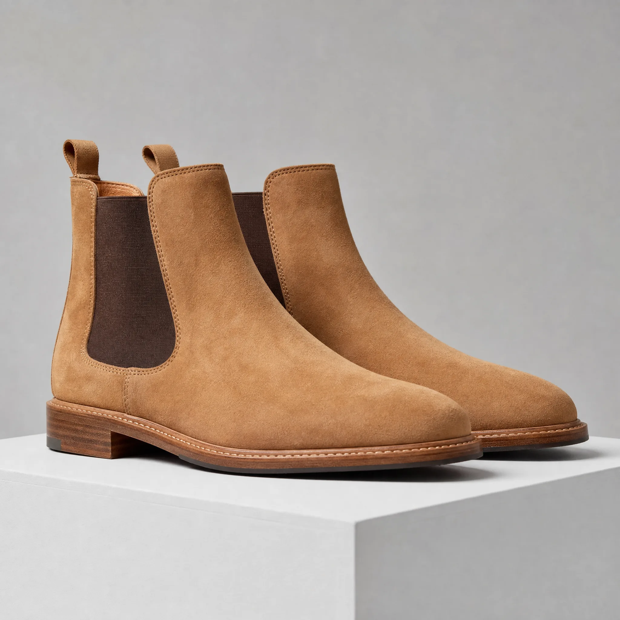 Tan suede chelsea boots standing on a white plinth against a seamless light-grey studio backdrop, softly lit