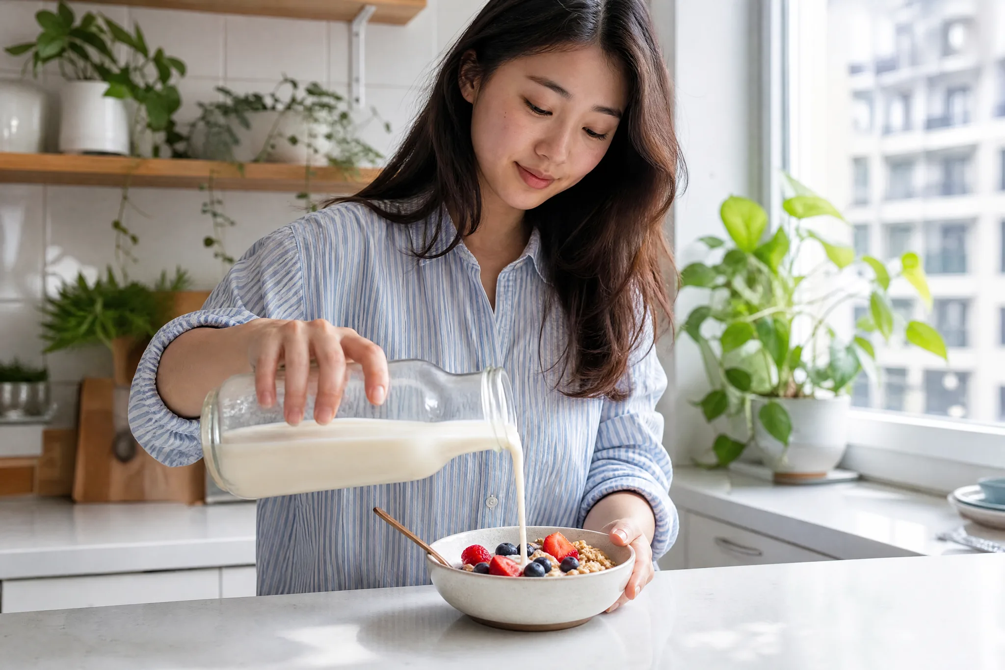 Oat Milk in a Morning Routine Woman in a striped shirt pouring oat milk from a glass bottle over granola and berries at a white kitchen counter