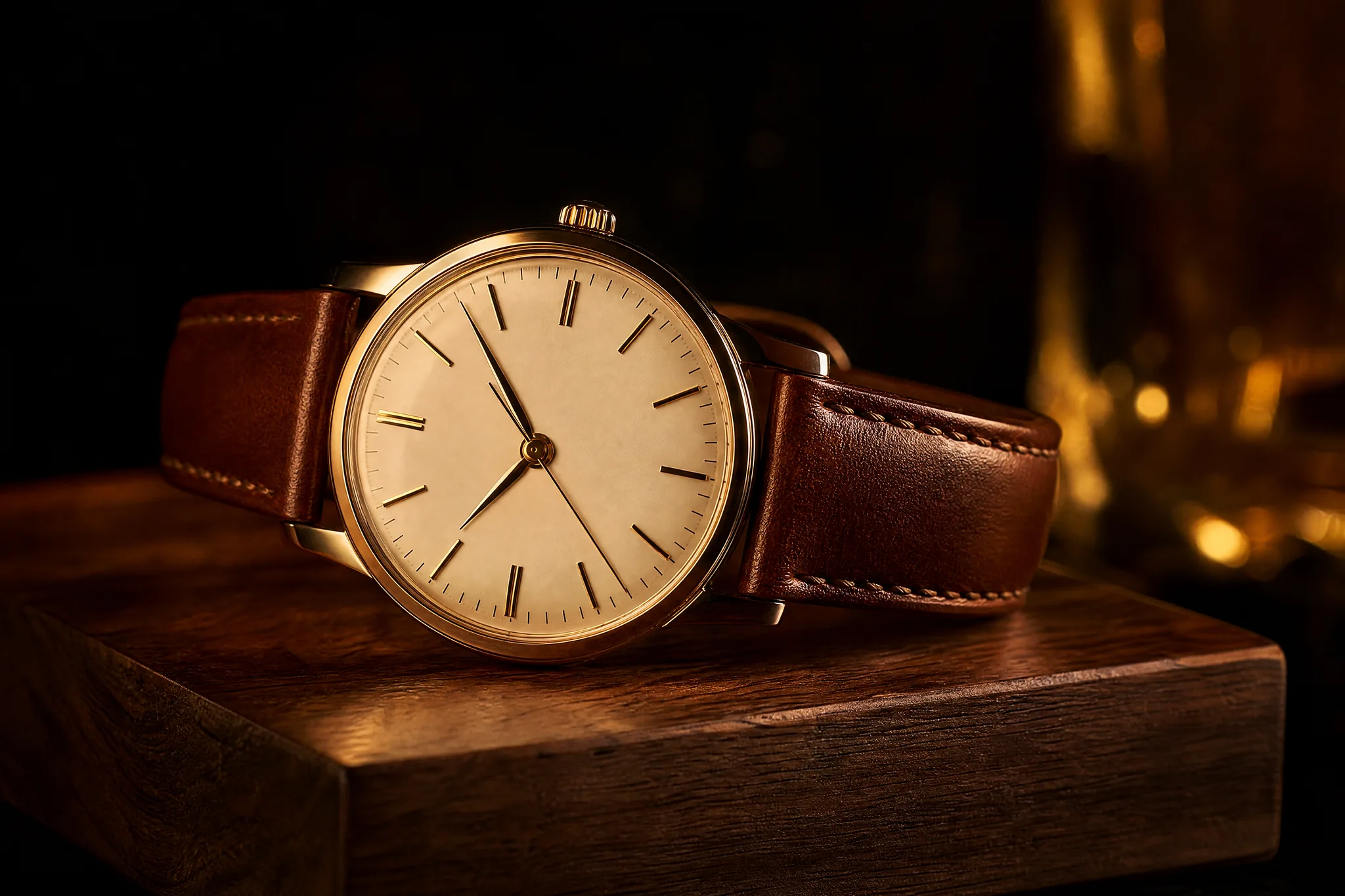 Leather Watch on a Walnut Block Wristwatch with a cognac leather strap resting on a polished walnut block in warm side light on a dark backdrop