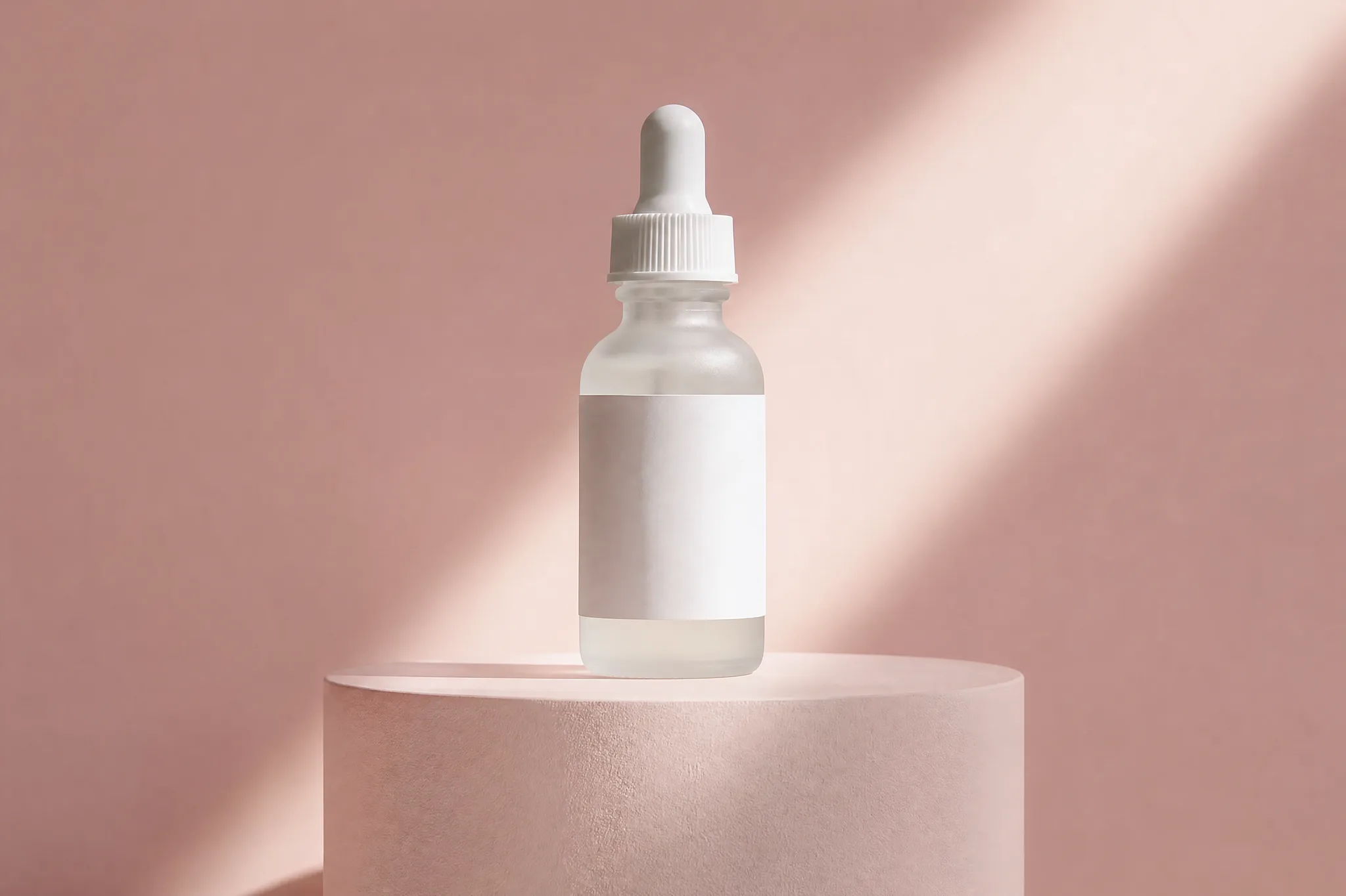 Serum Bottle Packshot With a Beam of Light Frosted serum dropper bottle on a pale pink cylinder plinth, a single diagonal beam of light crossing it