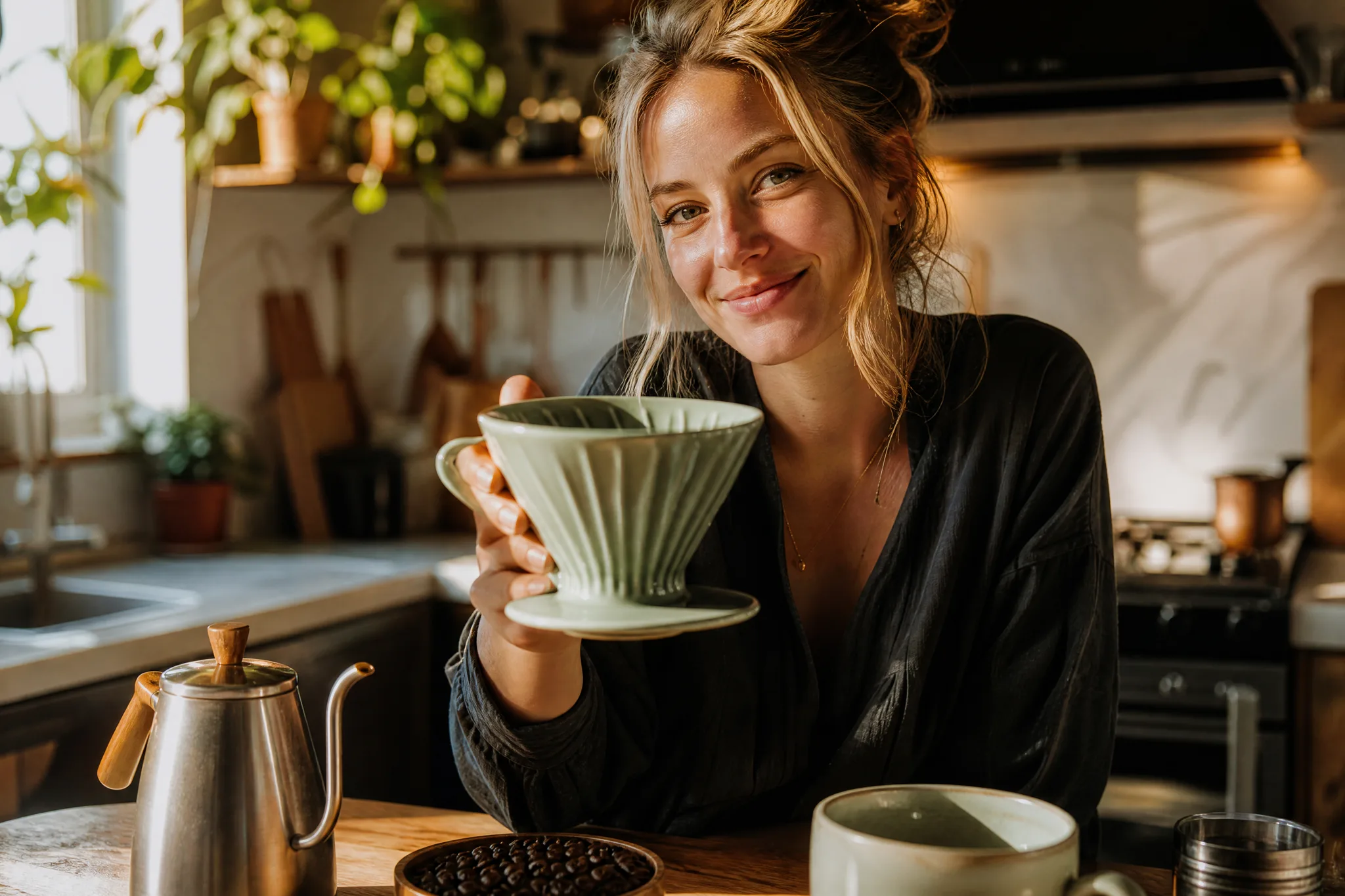 Smiling creator in a sunlit kitchen holding a sage-green ceramic pour-over dripper up toward the camera