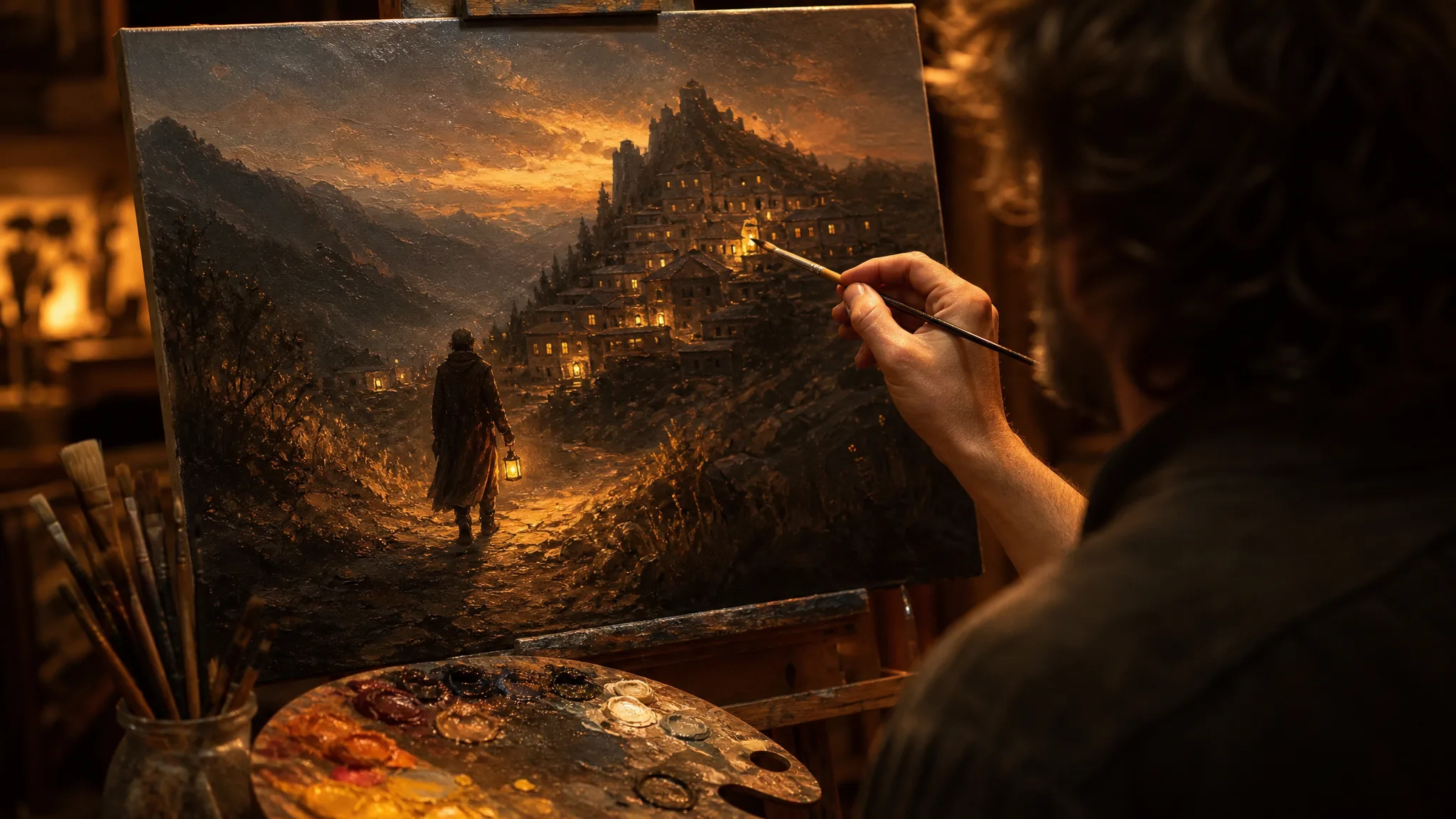 Imagen 4: A Painted Village Scene Painter highlighting an oil painting of a traveller walking toward a mountain village