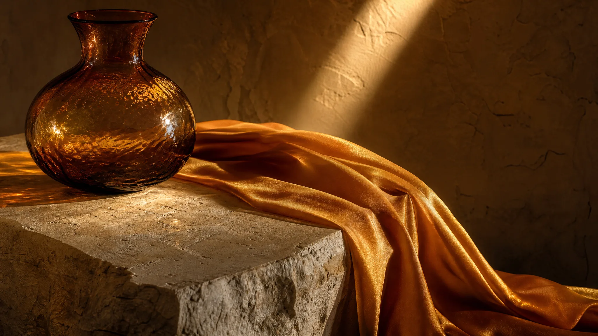 Imagen 4: Silk, Marble and Glass Saffron silk draped over marble next to an amber glass vase, lit by a beam of sun