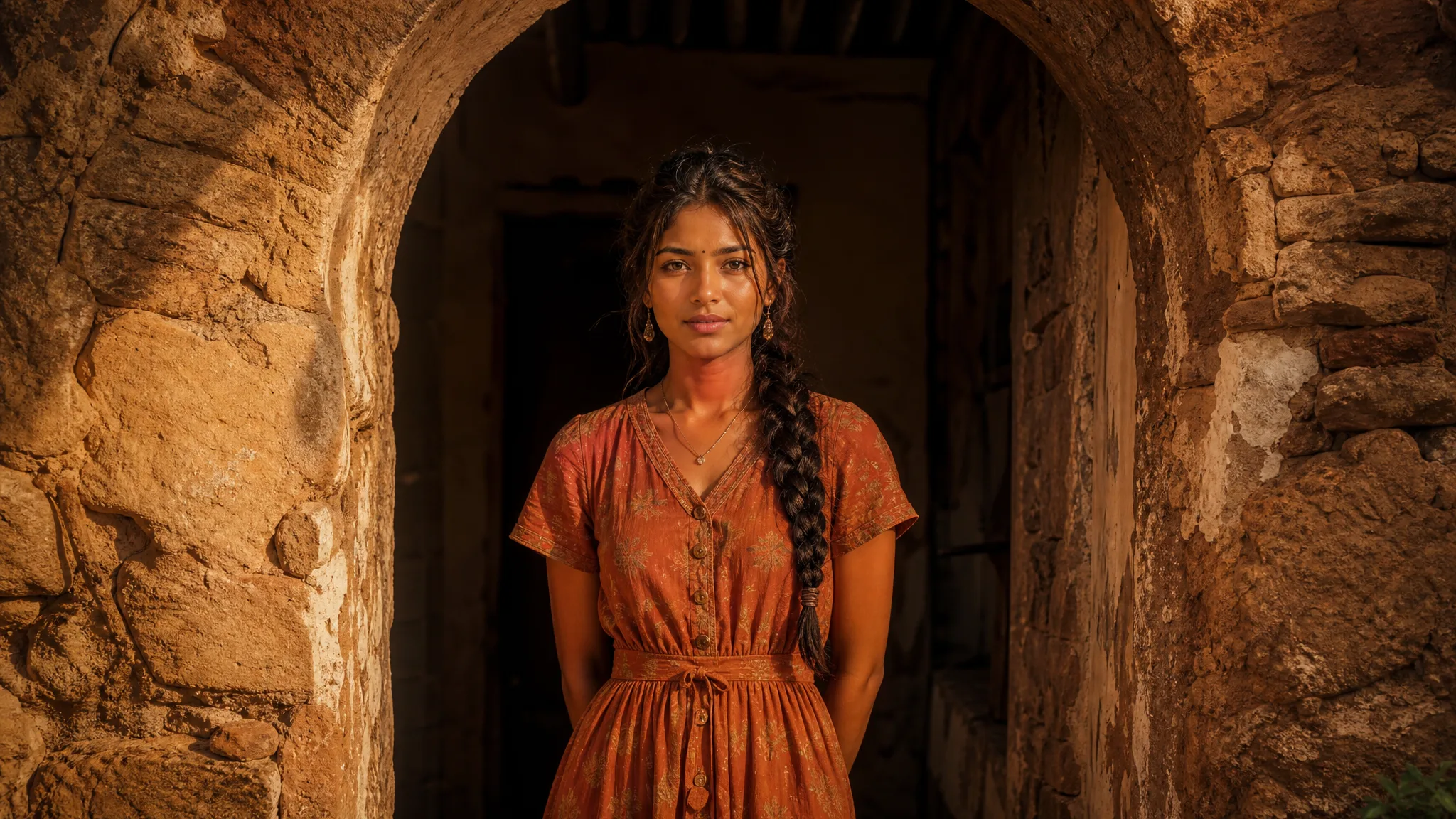 Imagen 4: Portrait in an Archway Young woman in a terracotta dress standing under an arched stone doorway