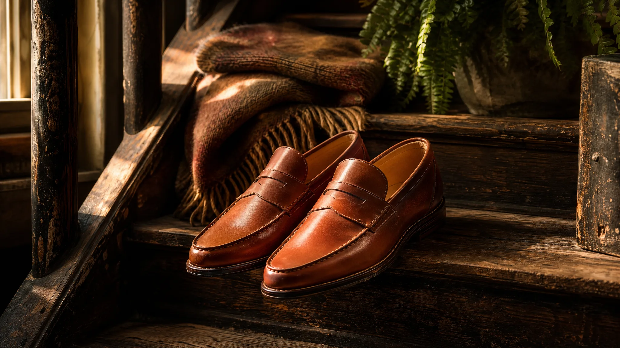 Imagen 4: Loafers on Old Stairs Cognac leather loafers set on worn wooden stairs in soft morning light