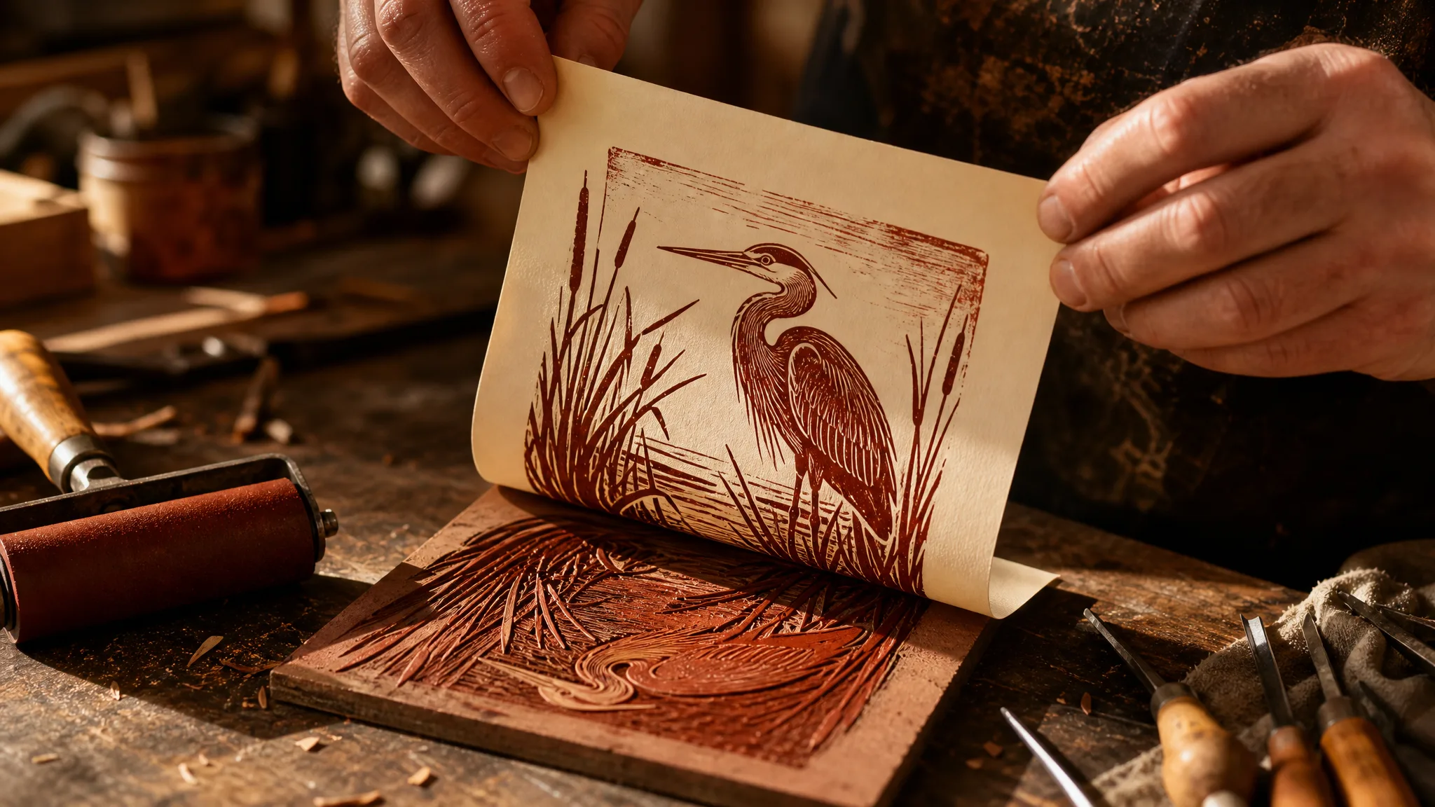 Imagen 4: Linocut Heron Hands lifting a rust-red linocut heron print off its carved block