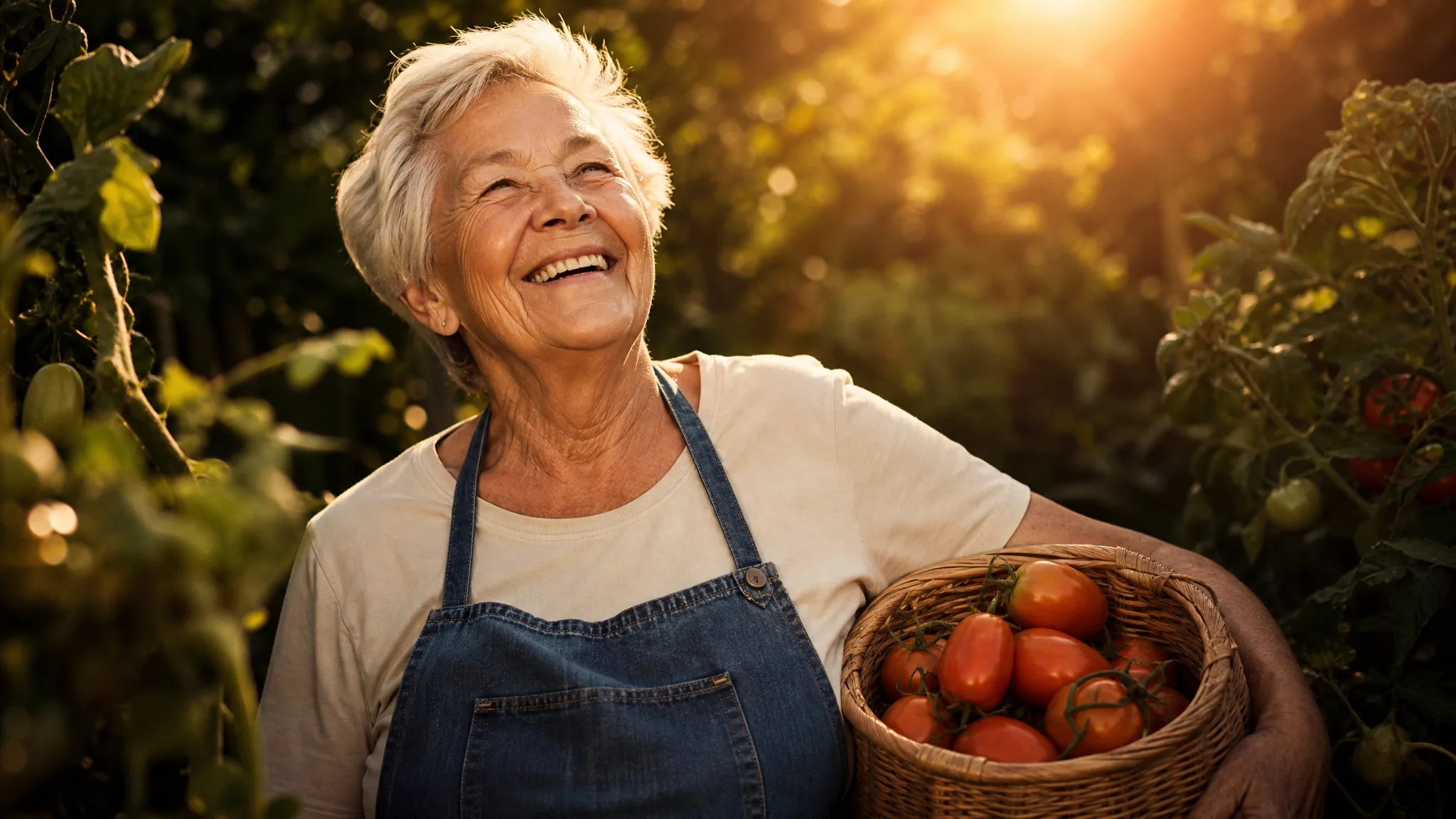Imagen 4: Candid Garden Portrait Laughing white-haired gardener in a denim apron with a basket of tomatoes in her sunny vegetable patch