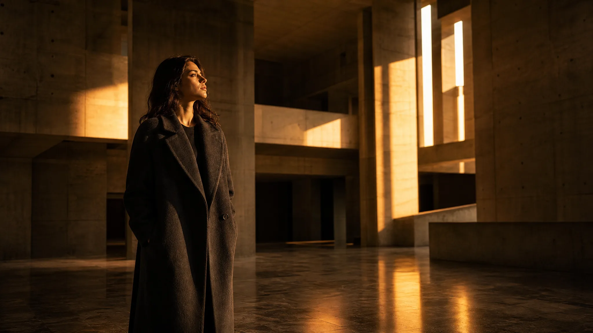 Woman in a charcoal coat standing in a concrete atrium cut by beams of golden light