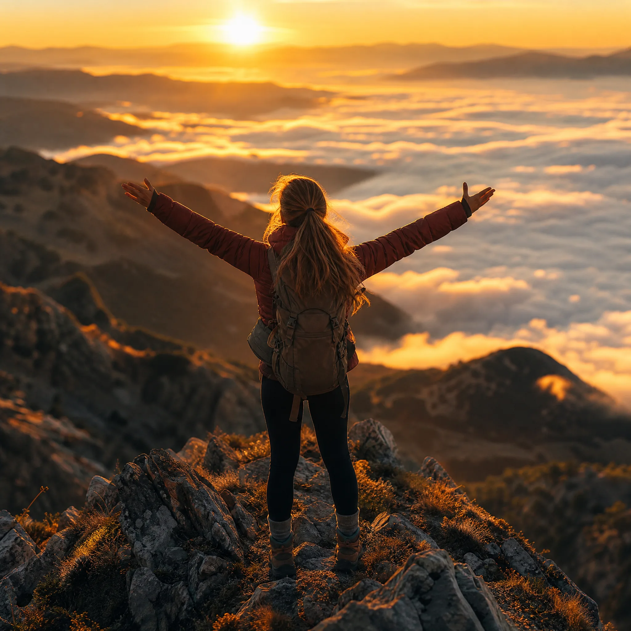 Hiker with arms spread on a mountain ridge at sunrise, a sea of clouds below
