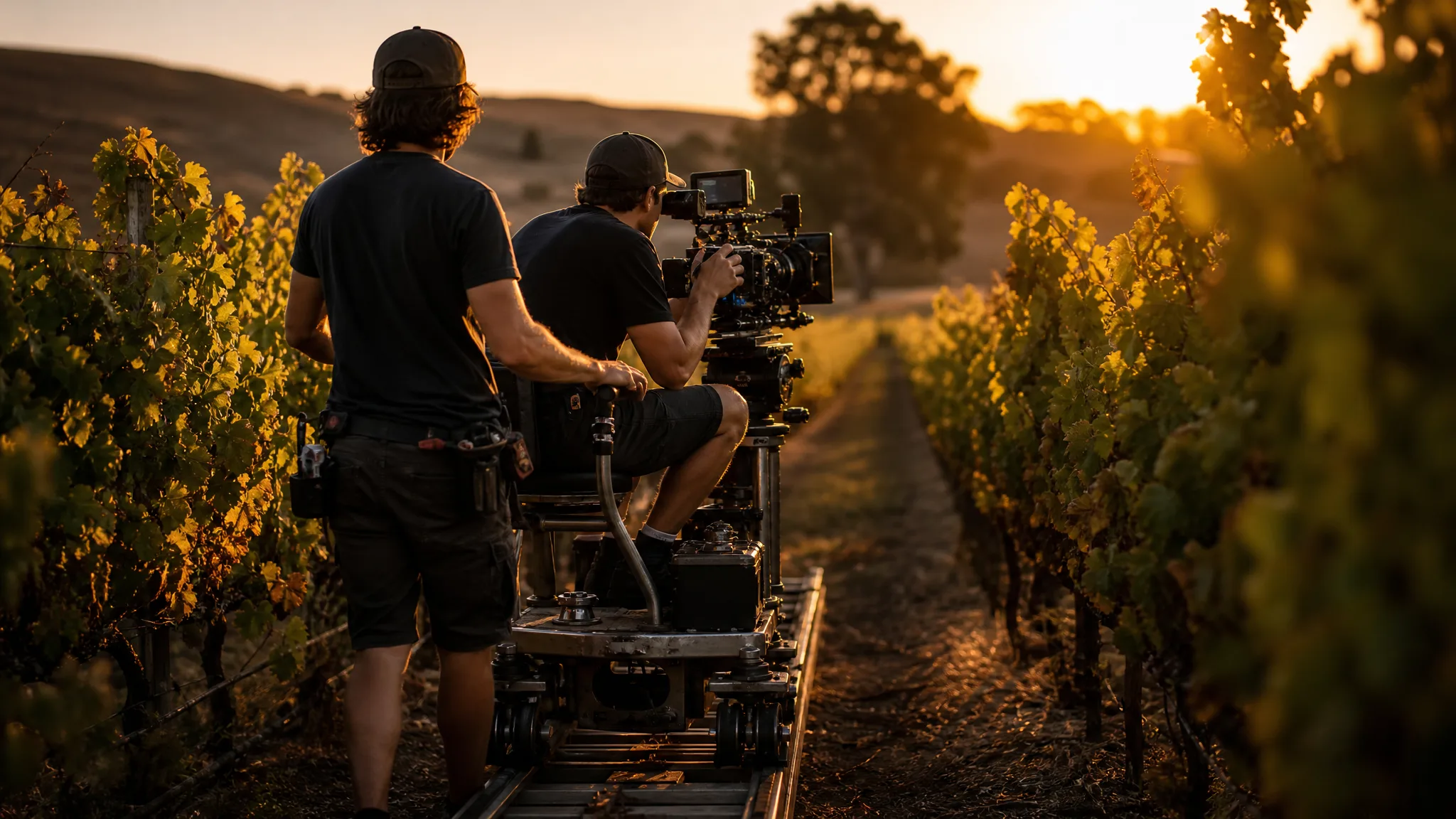 Imagen 4: Planning the Shot Cinematographer riding a camera dolly between rows of vines at golden hour