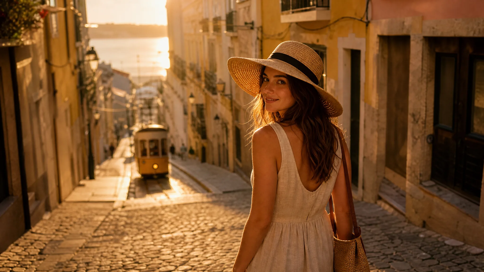 Woman in a wide straw sun hat smiling over her shoulder on a steep cobbled Lisbon street at golden hour