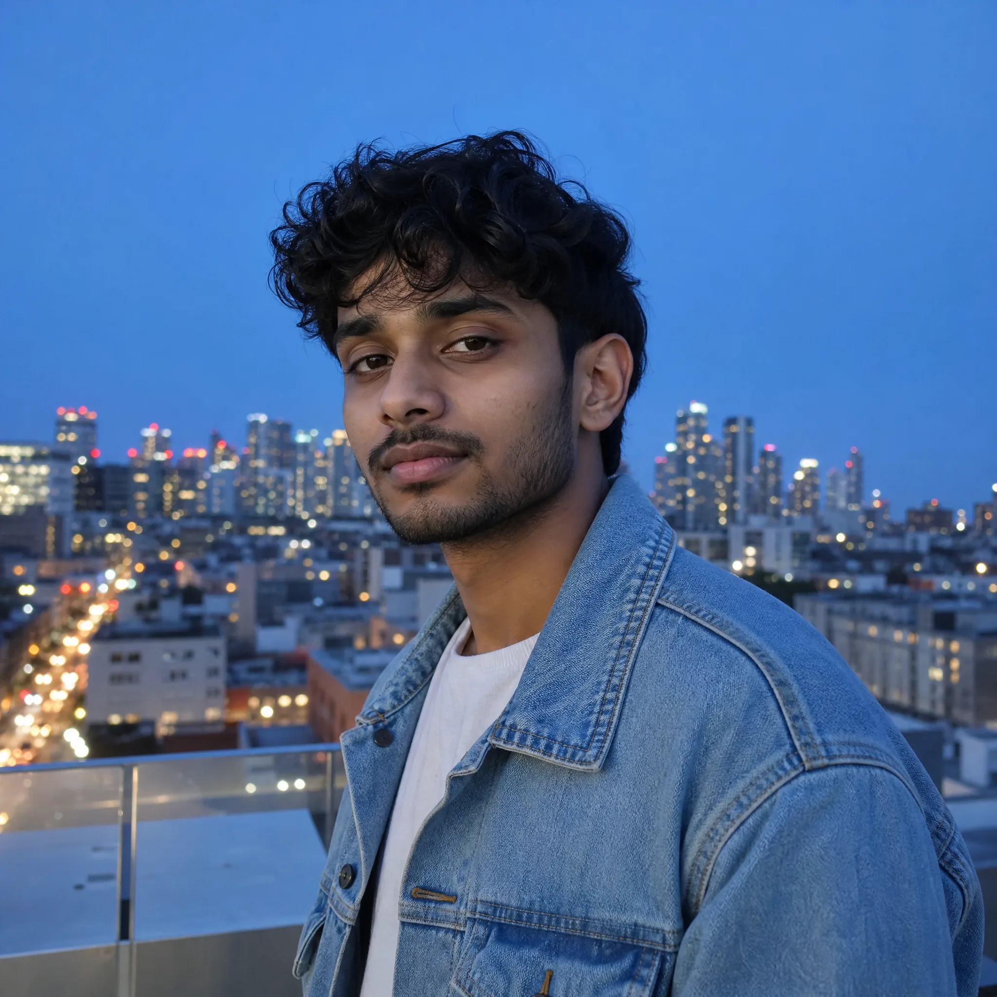 Young man with short curly hair in a denim jacket on a rooftop terrace at blue hour, city lights behind him