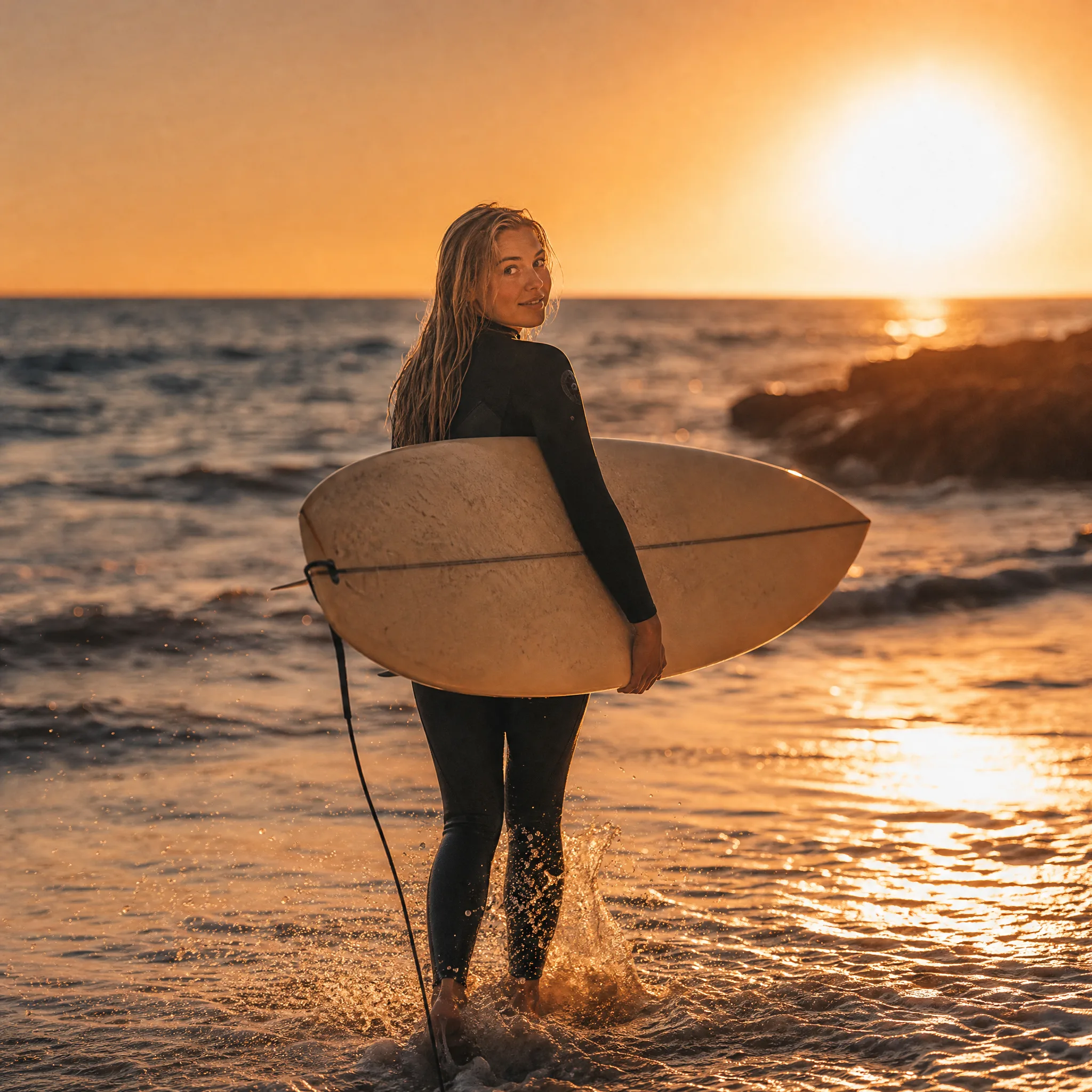 Surfer in a black wetsuit with a cream longboard under her arm wading into golden sunset waves, looking back