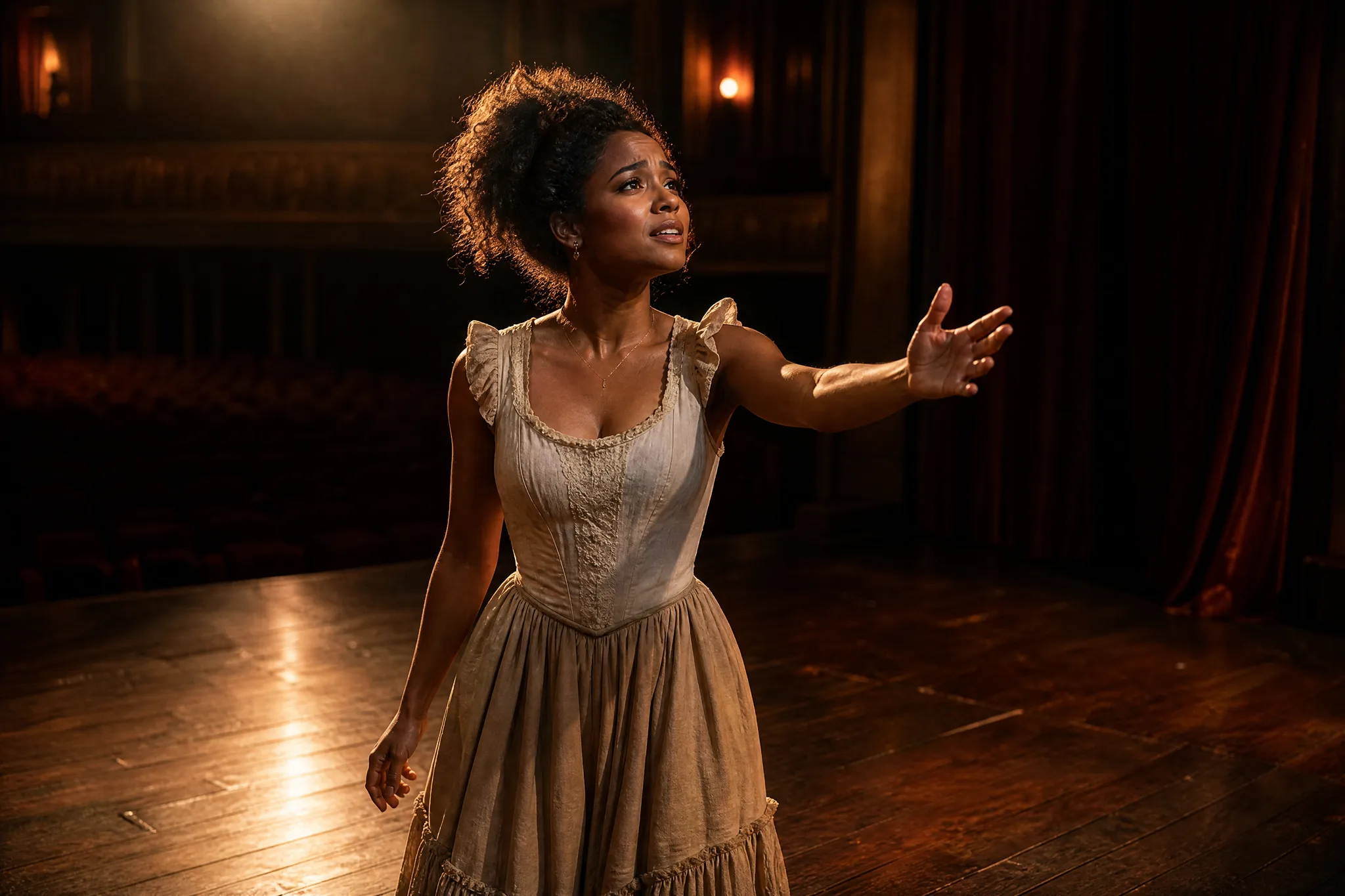 Actress under a single warm spotlight on a dim wooden stage, one arm open toward empty seats, red curtains behind