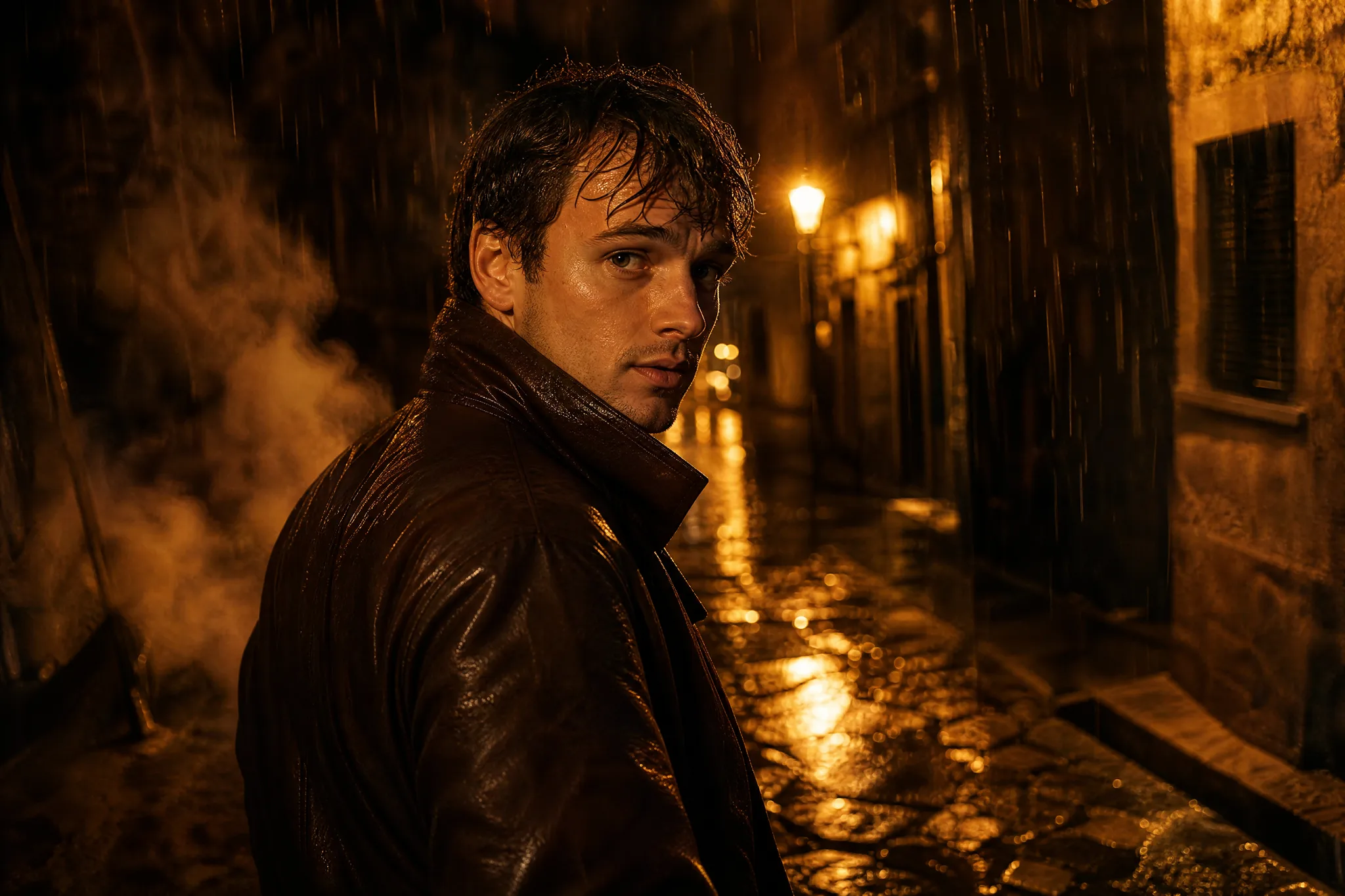 Man in a dark brown leather jacket caught mid-turn in a wet night alley, amber wall lamps glinting on stones and raindrops