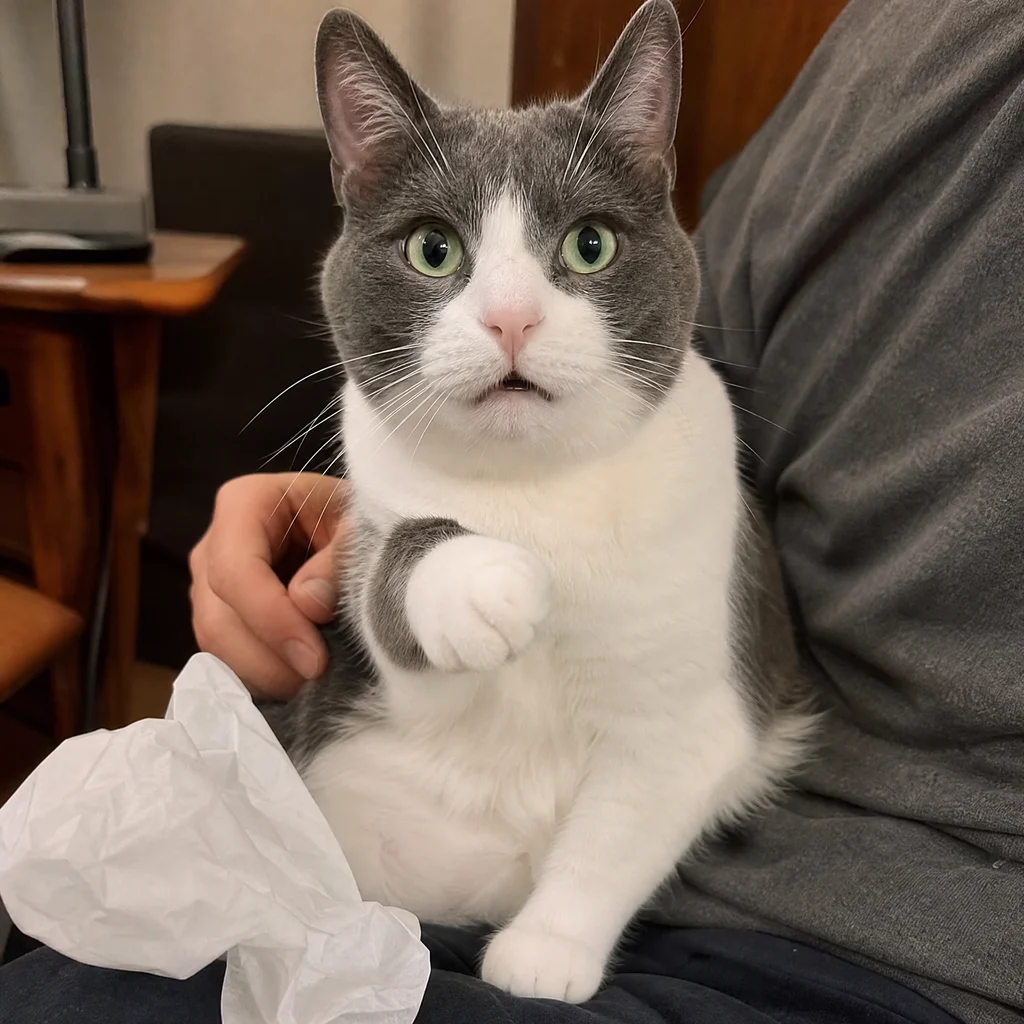 A grey-and-white cat on an owner’s lap with supported front paws