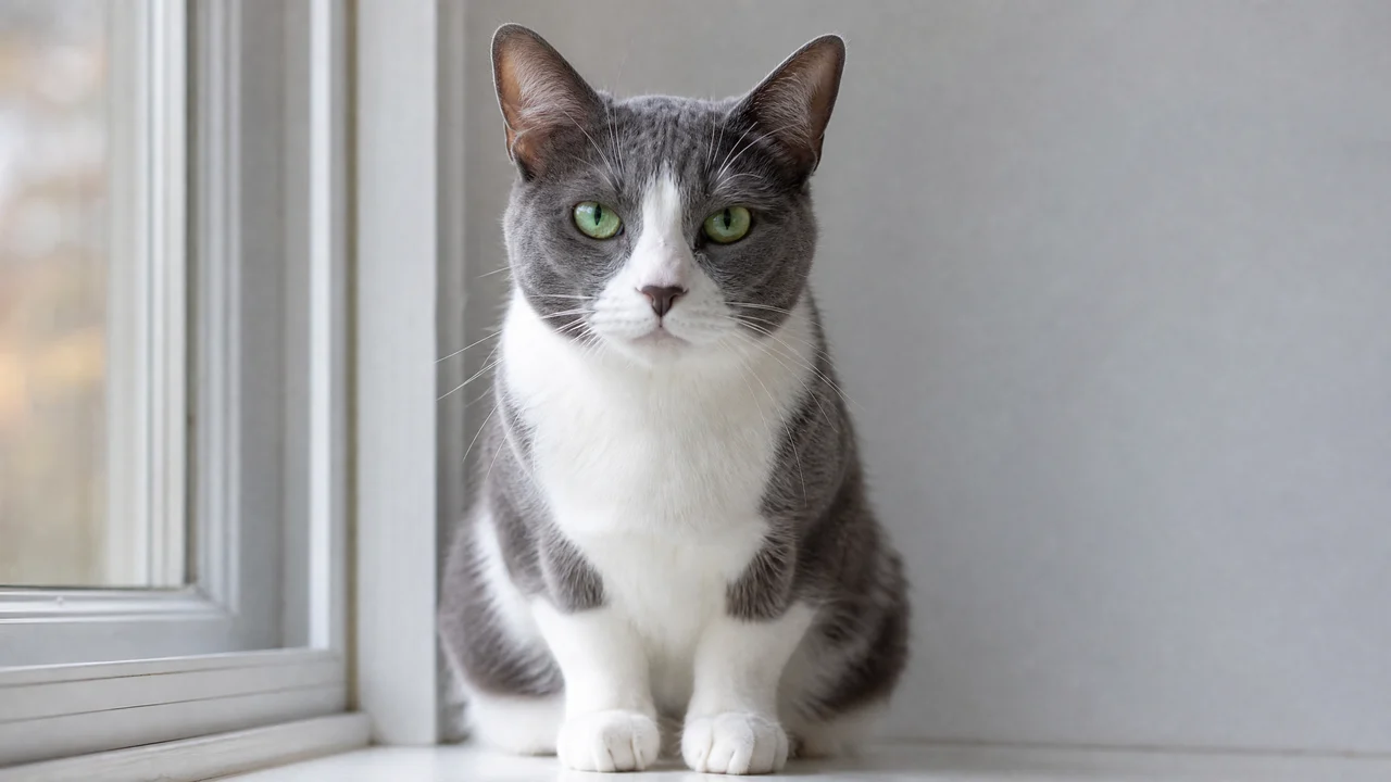 A grey-and-white cat with clear eyes, ears and front paws A grey-and-white cat with clear eyes, ears and front paws