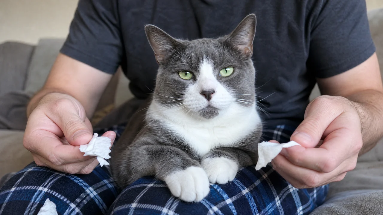 A grey-and-white cat resting on an owner’s lap after a tissue trick A grey-and-white cat resting on an owner’s lap after a tissue trick