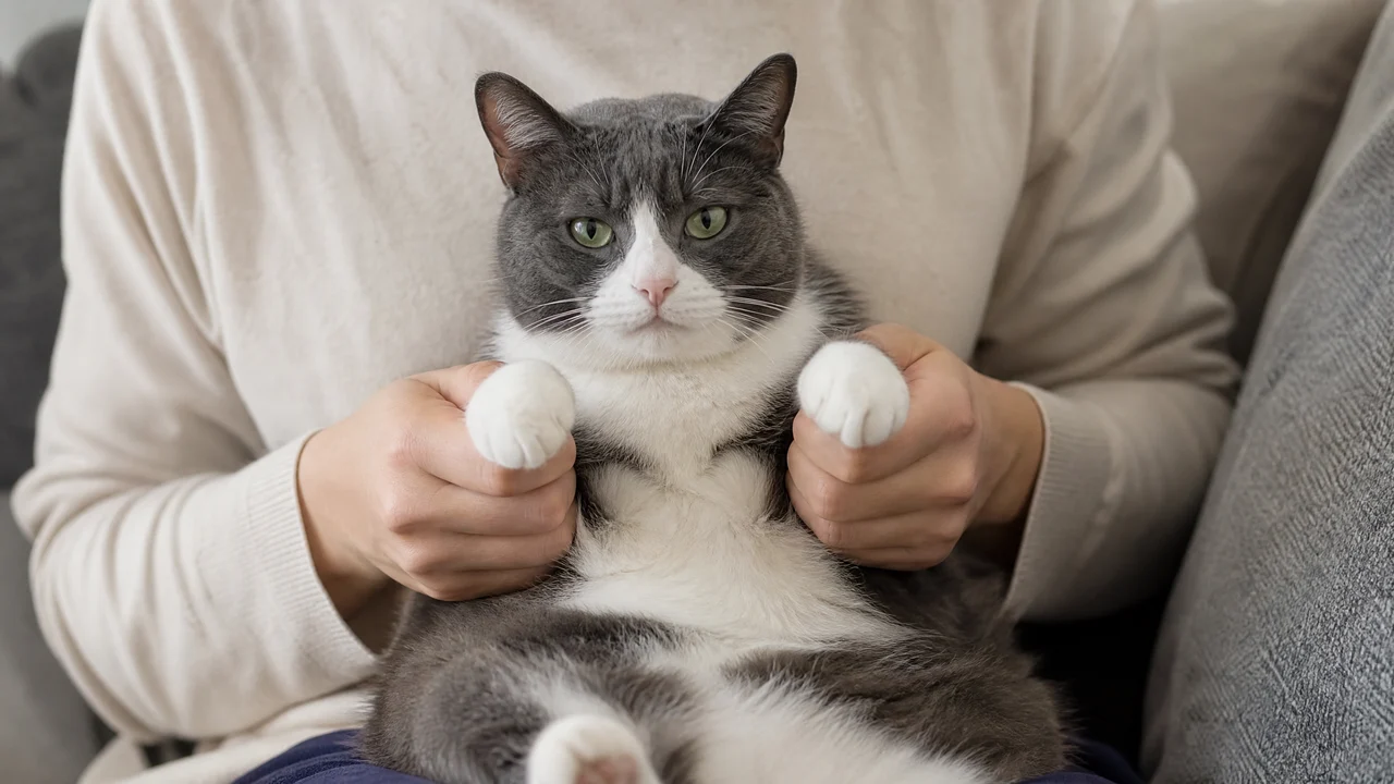 A grey-and-white cat on an owner’s lap with supported front paws A grey-and-white cat on an owner’s lap with supported front paws