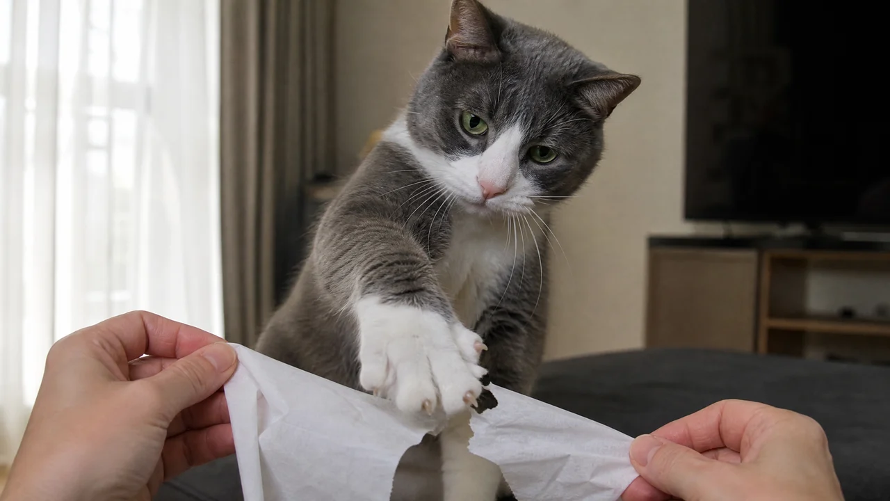 A cat paw meeting a white paper tissue held by separate human hands A cat paw meeting a white paper tissue held by separate human hands
