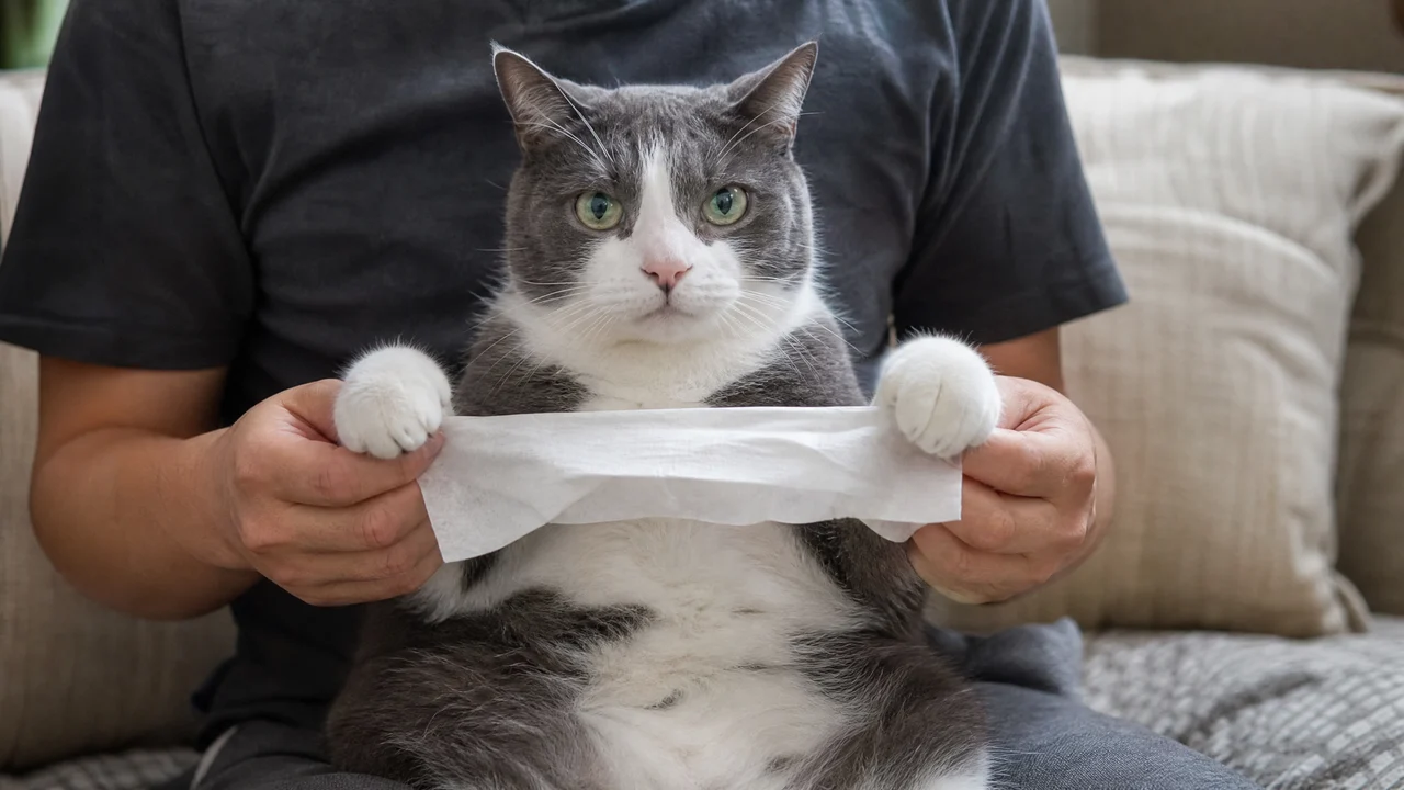 A cat joins the seated tissue-chopping scene A grey-and-white Kung Fu Cat AI character seated on an owner’s lap with a tissue