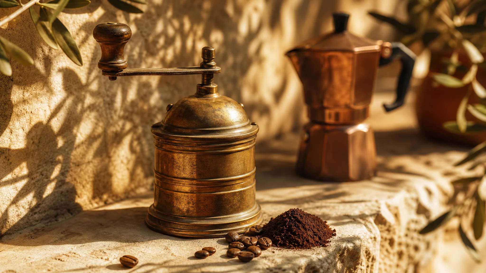 Nano Banana 2: Shop Still Life Antique brass coffee grinder on a sunny limestone ledge patterned with olive-branch shadows
