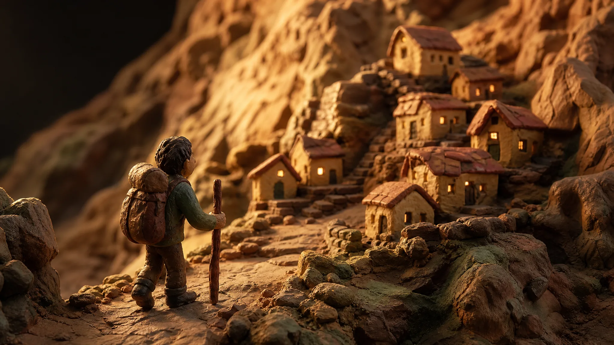 Nano Banana 2: Clay Miniature World Plasticine figure of a traveller walking toward a tiny clay mountain village
