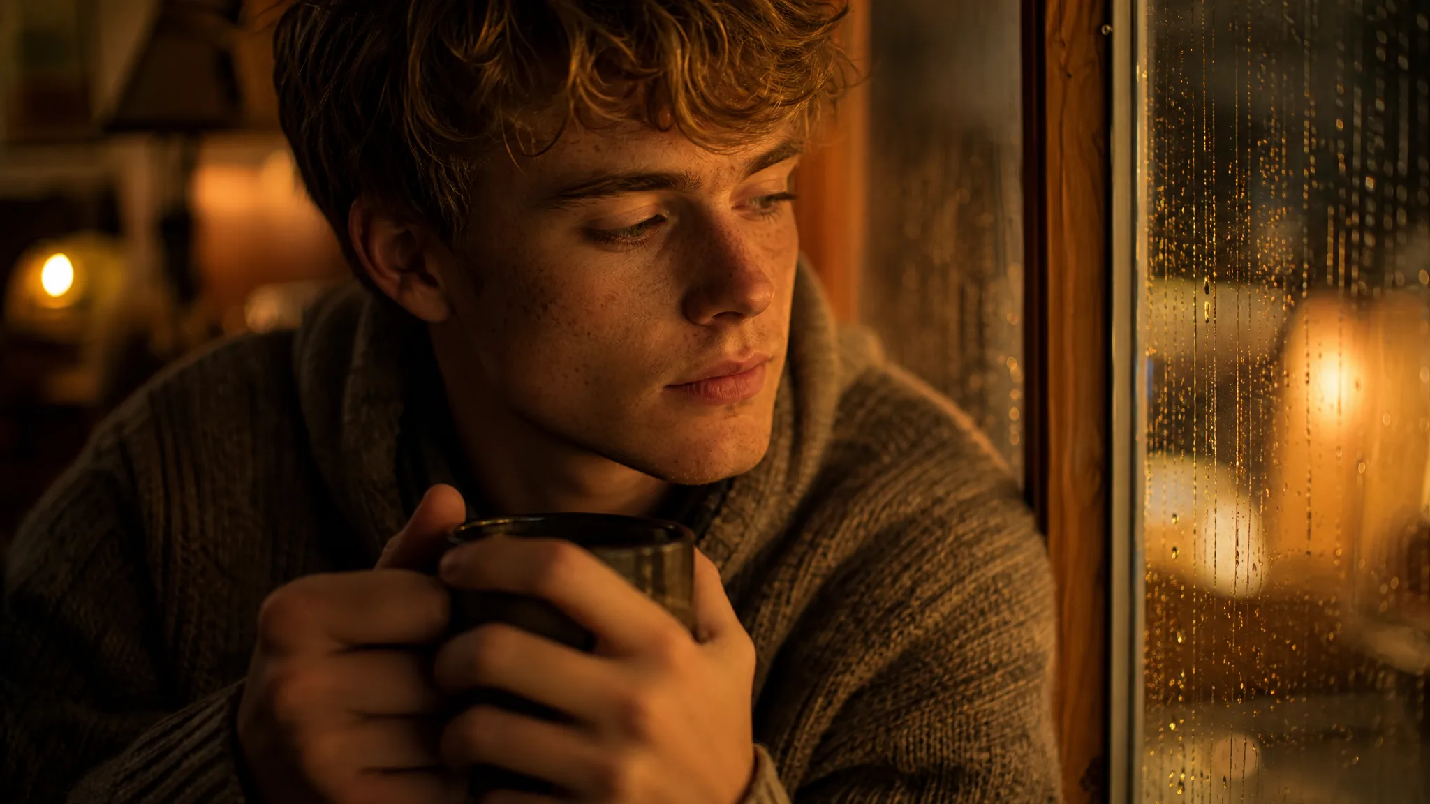 Nano Banana 2: Rainy-Window Portrait Young freckled man holding a mug beside a rain-streaked window in warm lamplight