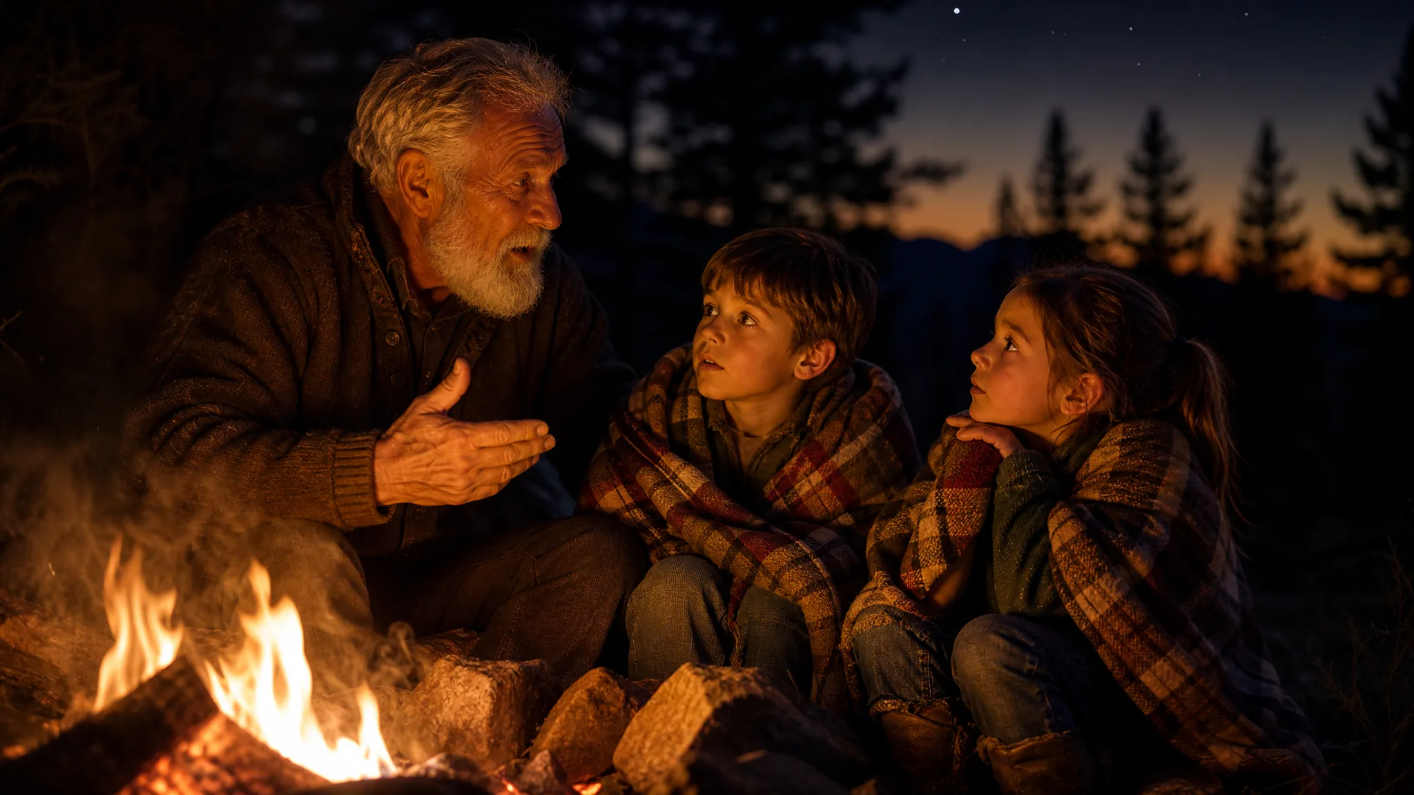 Two children listening to their grandfather tell a story beside a campfire at dusk