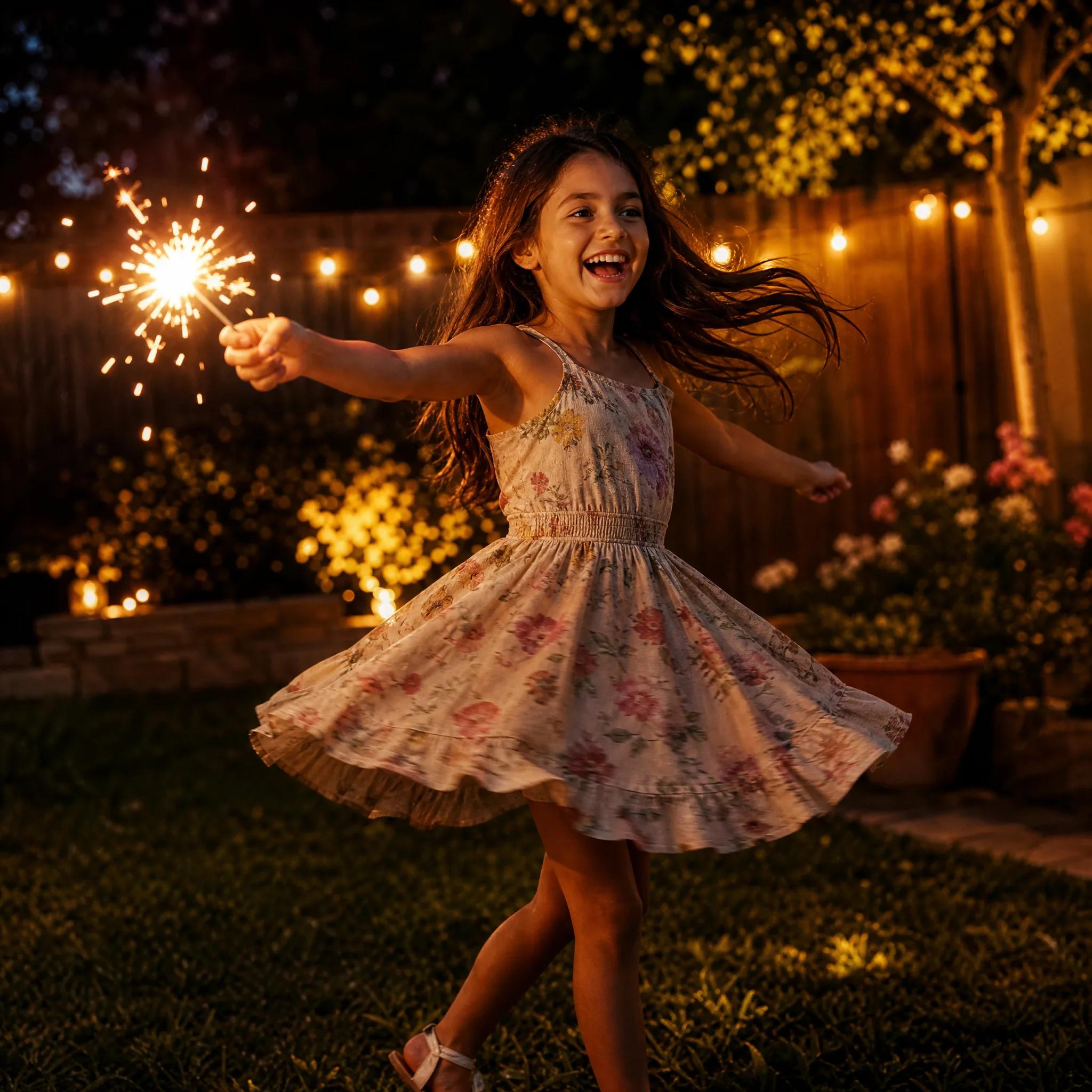 Girl laughing as she spins a sparkler in a backyard at dusk