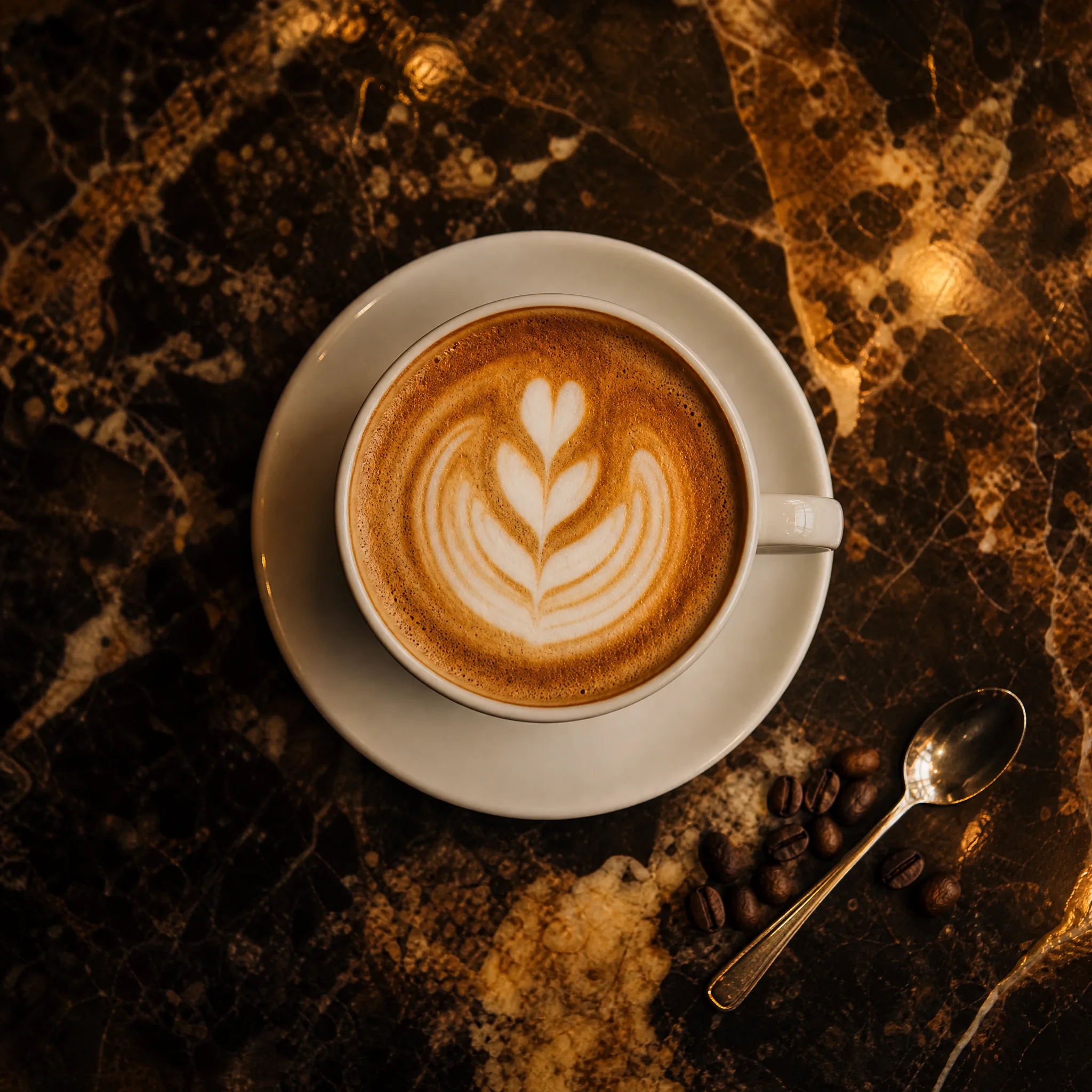 Nano Banana 2: Café Frame with Margins Top-down cappuccino with leaf latte art on dark veined marble, wide empty margins around the cup