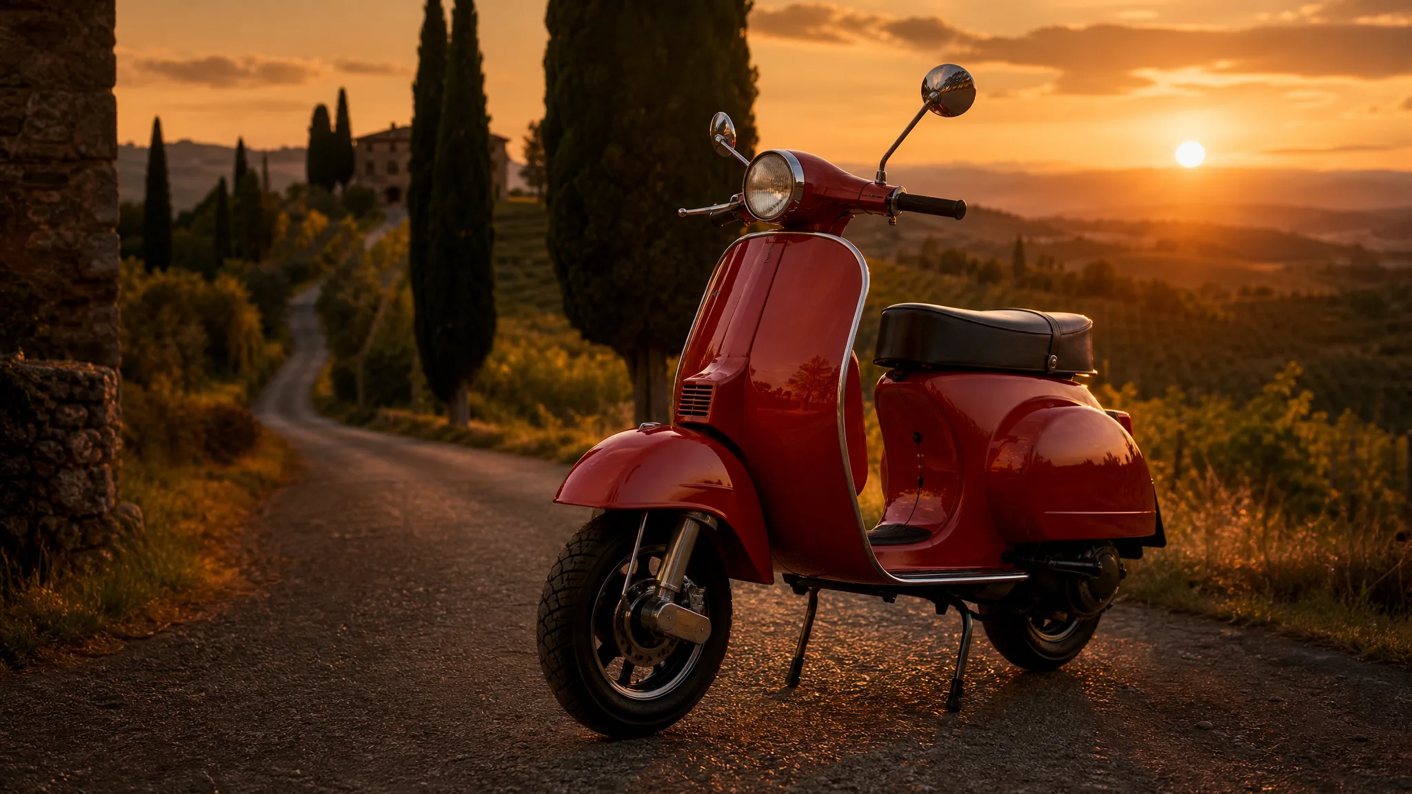 Nano Banana 2: A Holiday Photo Restaged Cherry-red vintage scooter parked by cypress trees on a Tuscan hill road at sunset