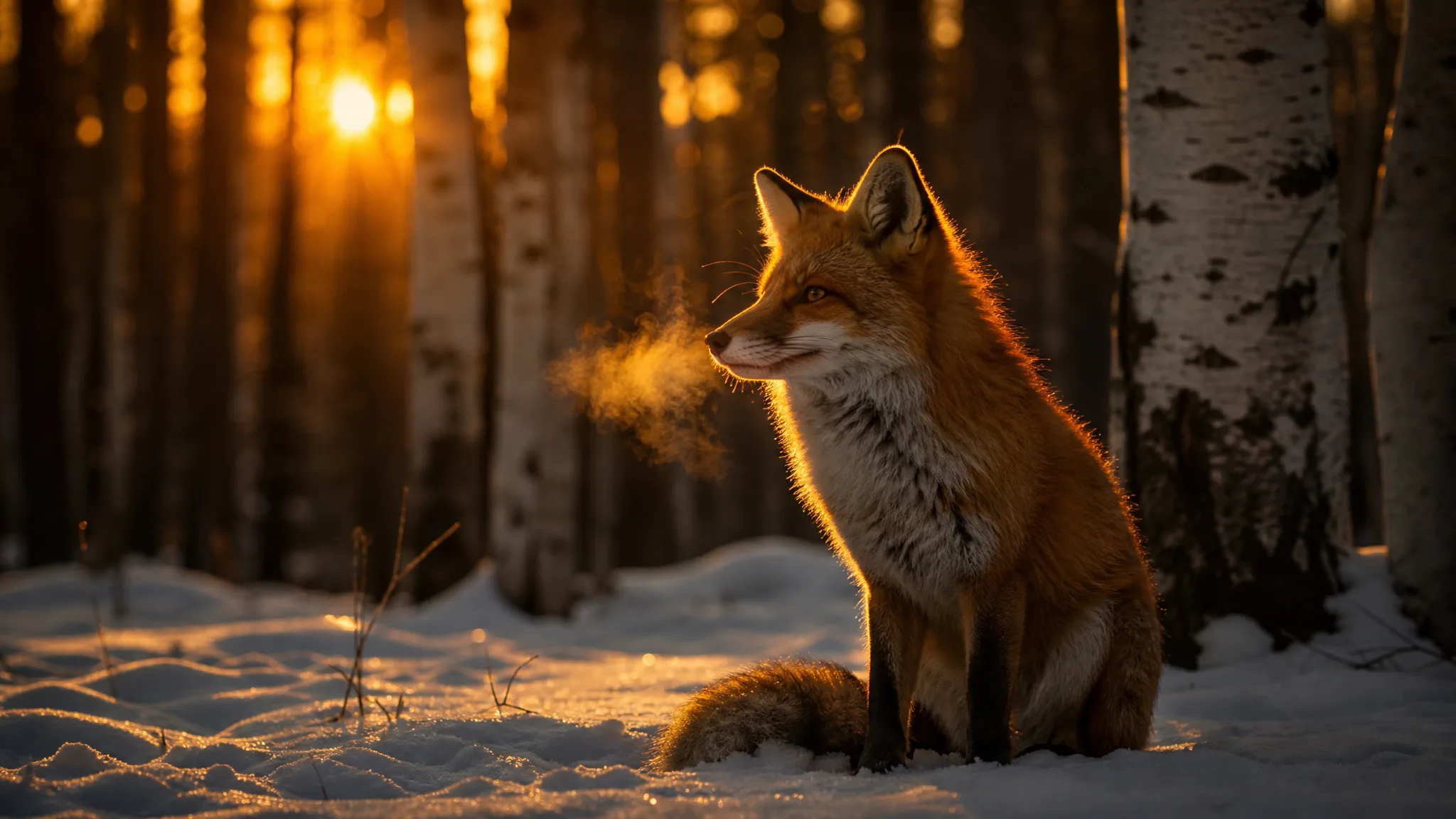 Nano Banana 2: A Fox Written from Words Red fox sitting in new snow between birch trunks in the warm light of twilight