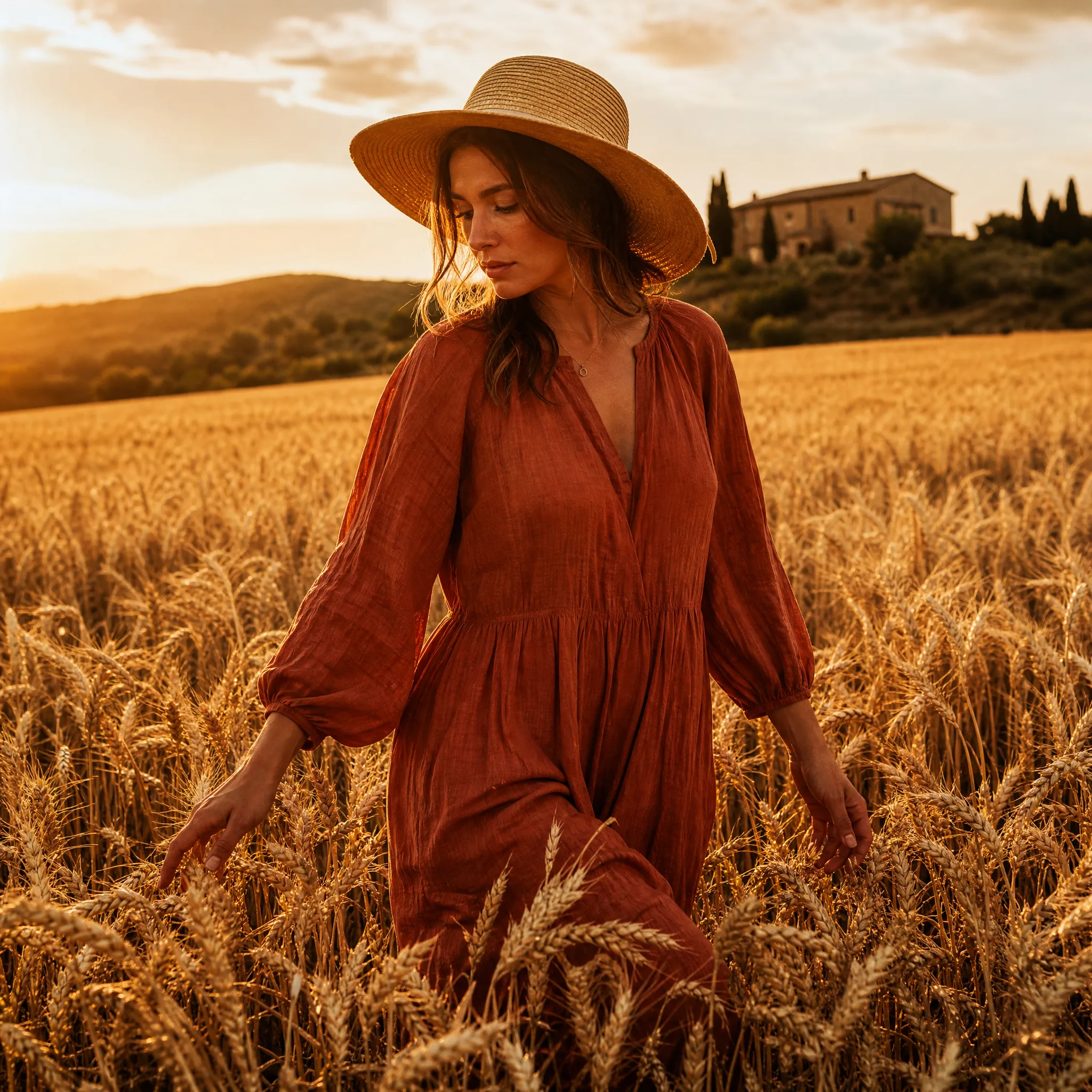 Woman wearing a straw hat and a rust linen dress walking through a golden field of wheat
