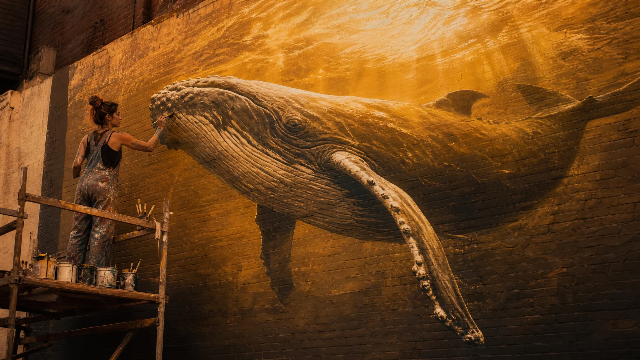 Nano Banana 2: Planning a Large Layout Painter on scaffolding working on a huge humpback whale mural across a sunny courtyard wall
