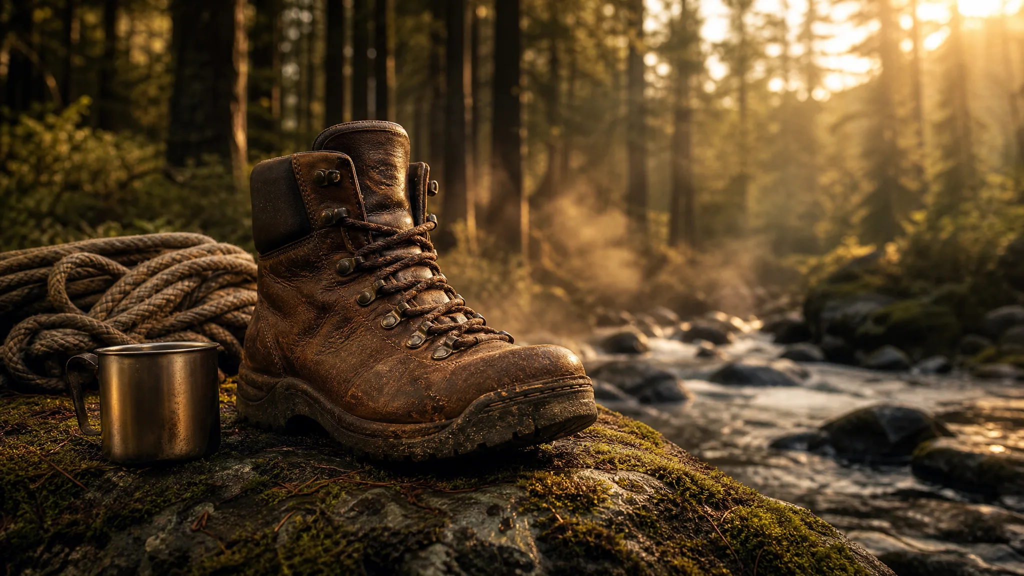 Nano Banana Pro: Outdoor Product Shot Weathered leather hiking boot resting on a moss-covered rock next to a misty mountain creek