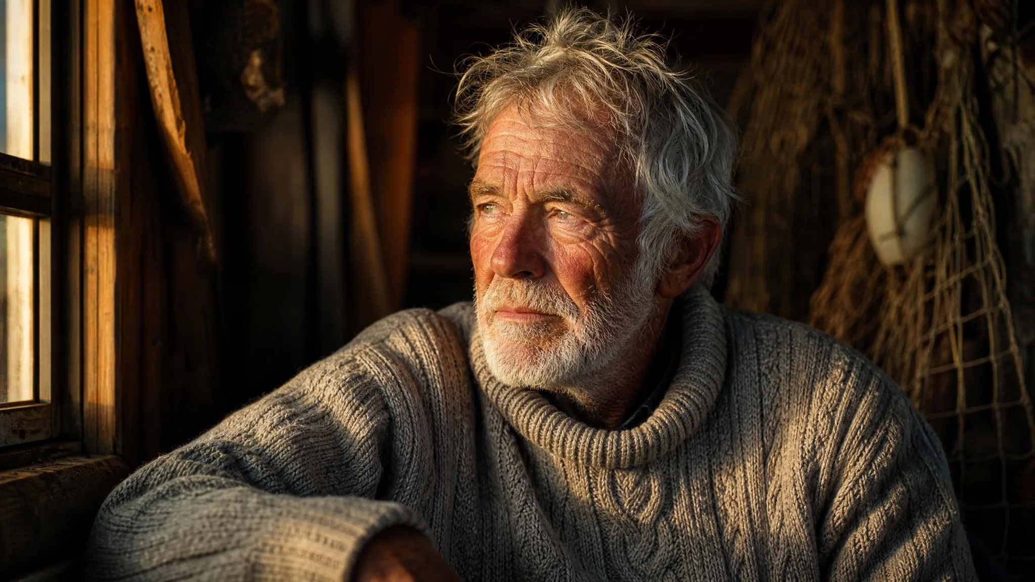 Nano Banana Pro: Window-Lit Portrait Older fisherman wearing a knit sweater, lit by a low window inside a wooden hut by the harbour