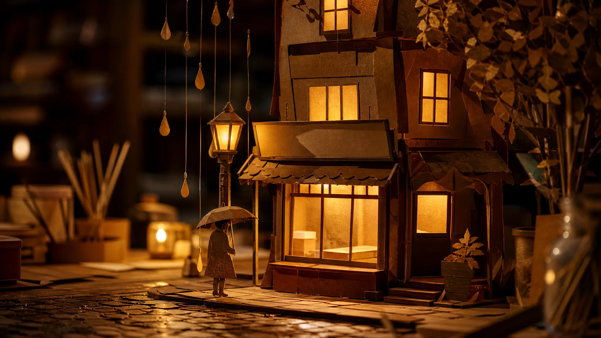 Nano Banana Pro: Paper-Cut Shopfront Paper-cut diorama of a little shop on a rainy street, its paper windows glowing warm