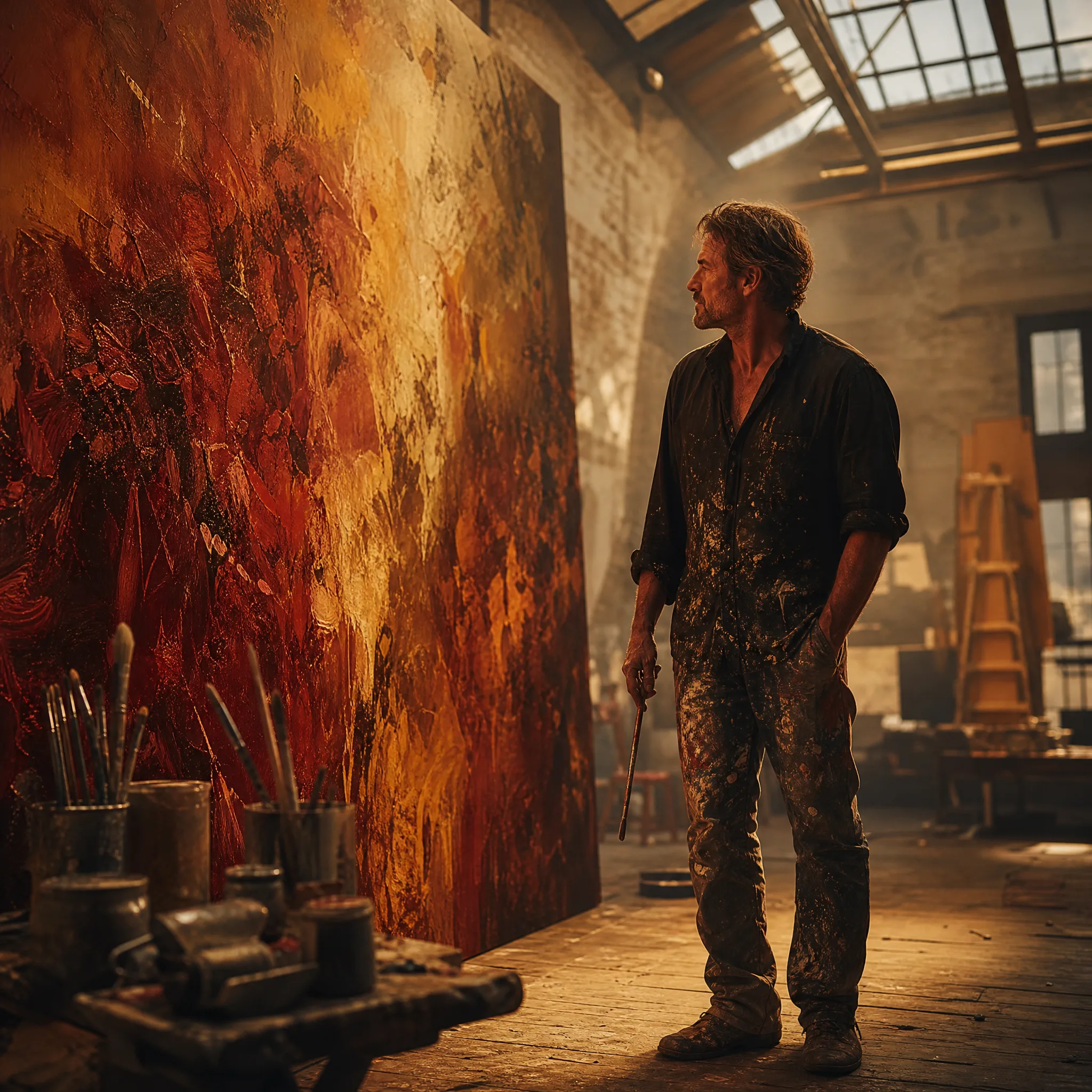 Artist stepping back to look at a big warm-coloured abstract painting in a studio with a skylight