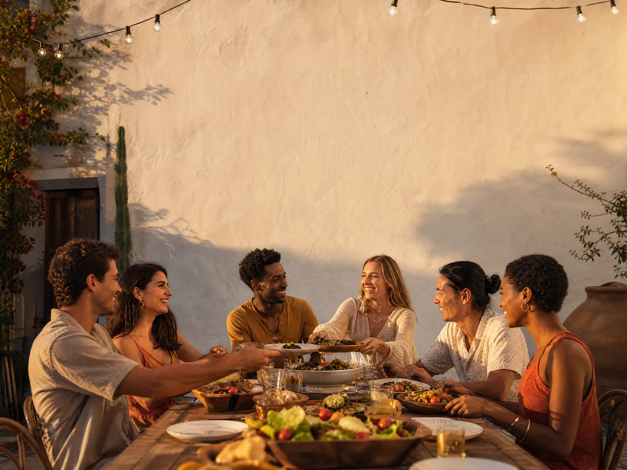 Nano Banana Pro: Group Dinner with Open Wall Long courtyard dinner table with six friends eating together below a bare plastered wall